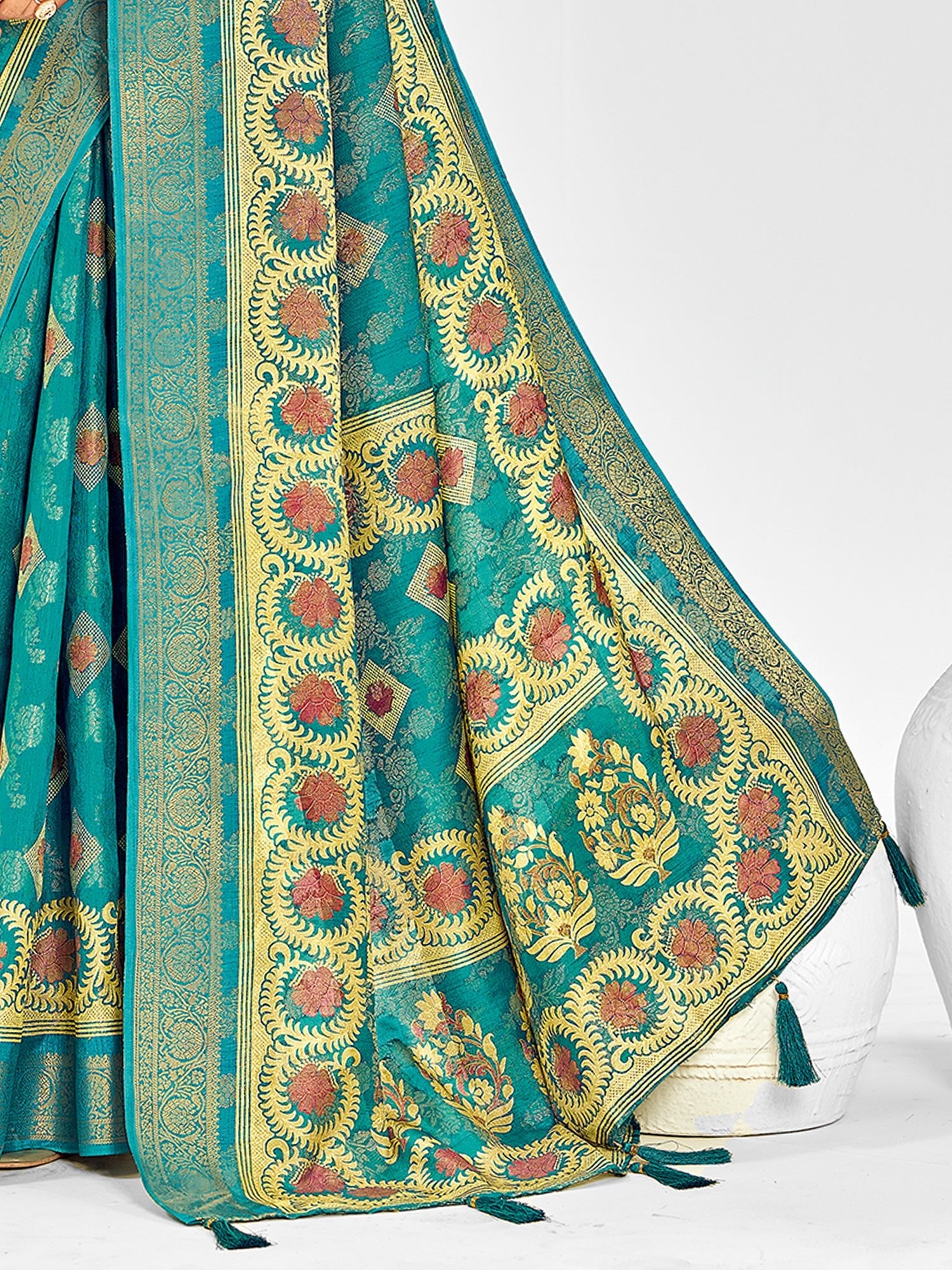 Teal Banarasi Silk Saree with Meenakari Weave & Zari Border - Ressa