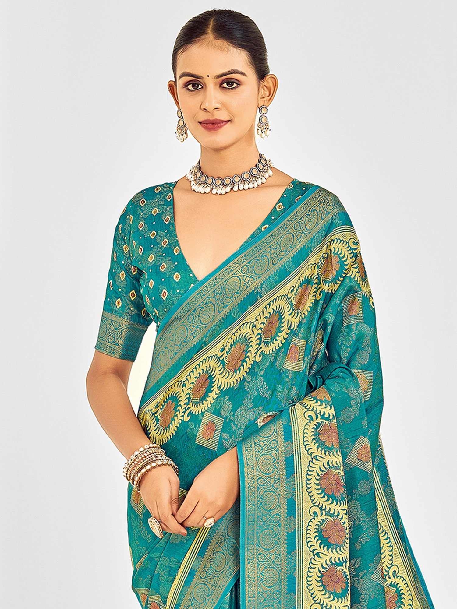 Teal Banarasi Silk Saree with Meenakari Weave & Zari Border - Ressa