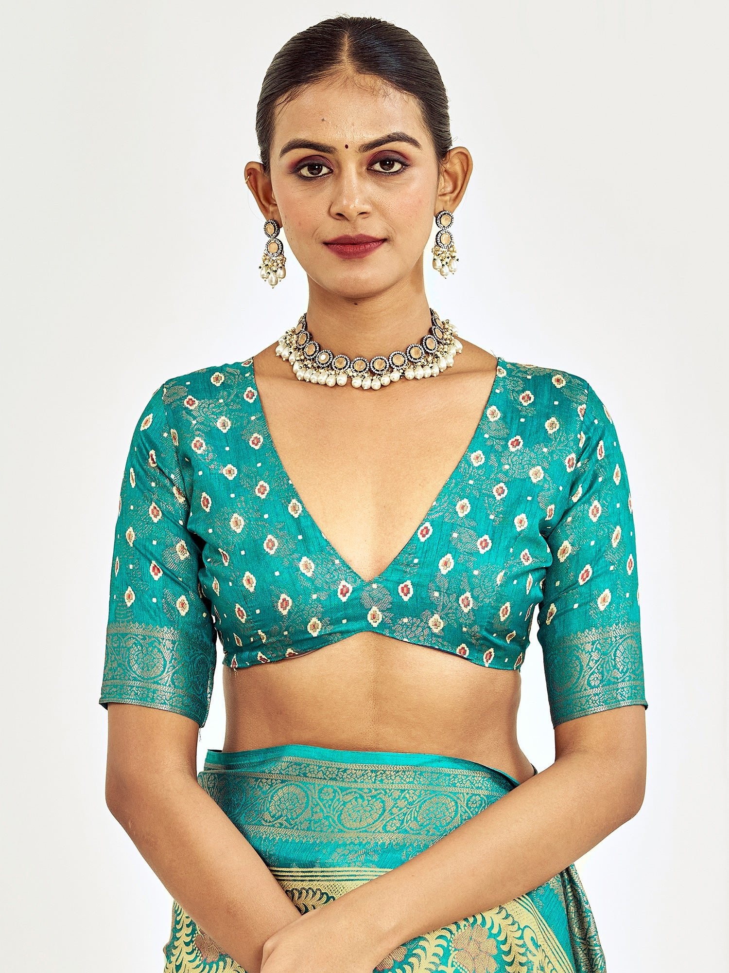 Teal Banarasi Silk Saree with Meenakari Weave & Zari Border - Ressa