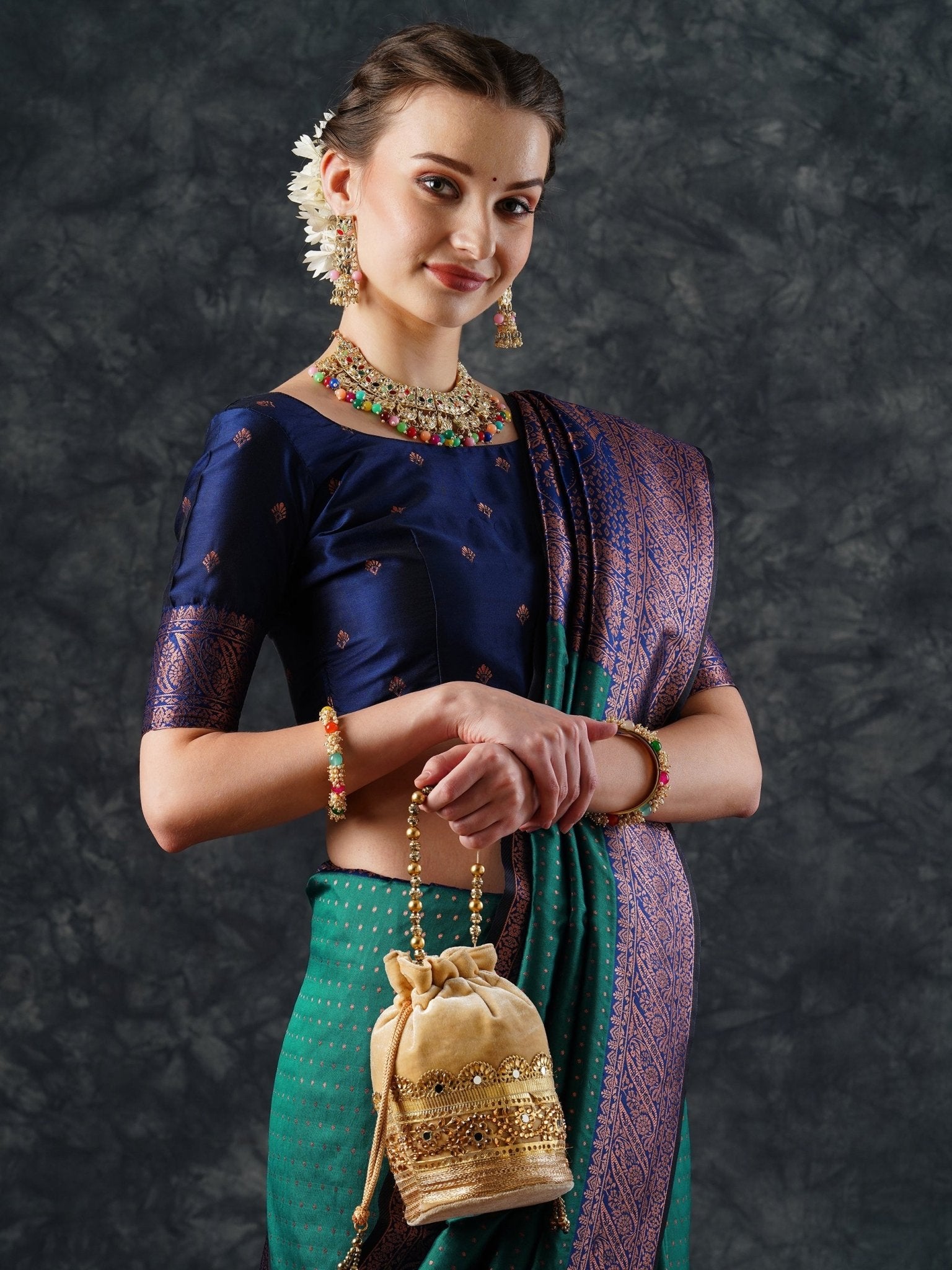Teal Banarasi Silk Saree with Purple Zari Border & Blouse - Ressa