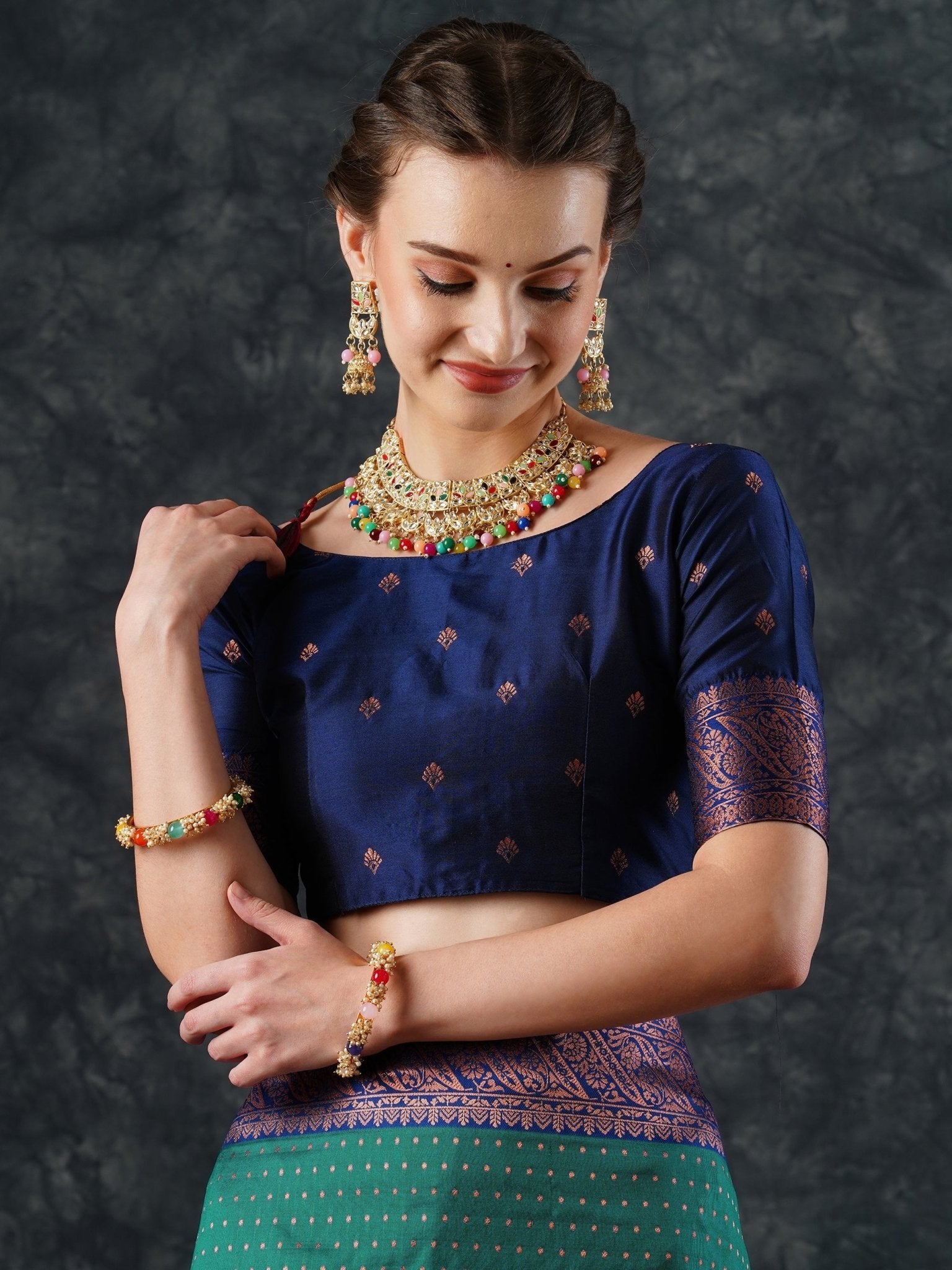 Teal Banarasi Silk Saree with Purple Zari Border & Blouse - Ressa