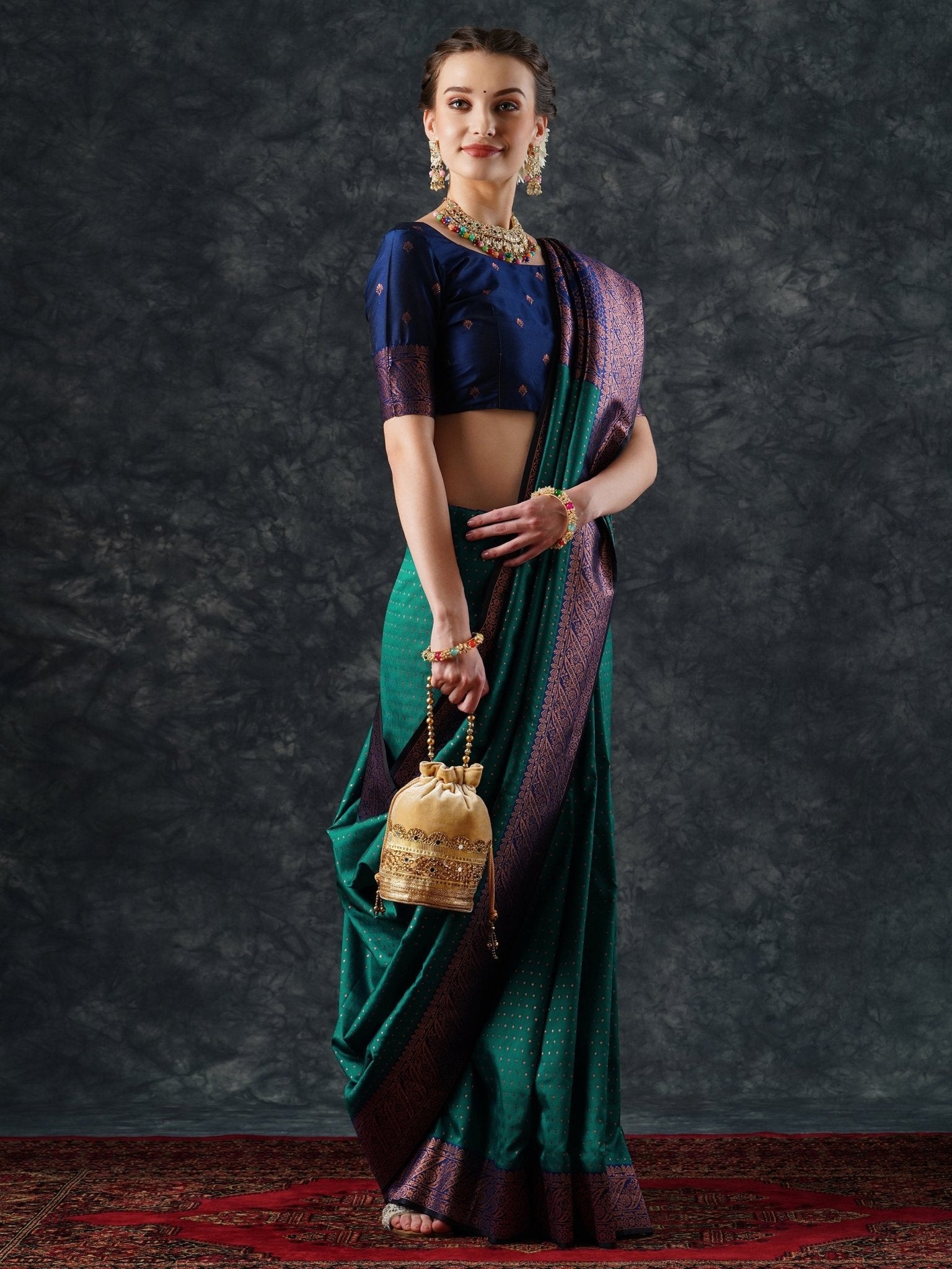 Teal Banarasi Silk Saree with Purple Zari Border & Blouse - Ressa