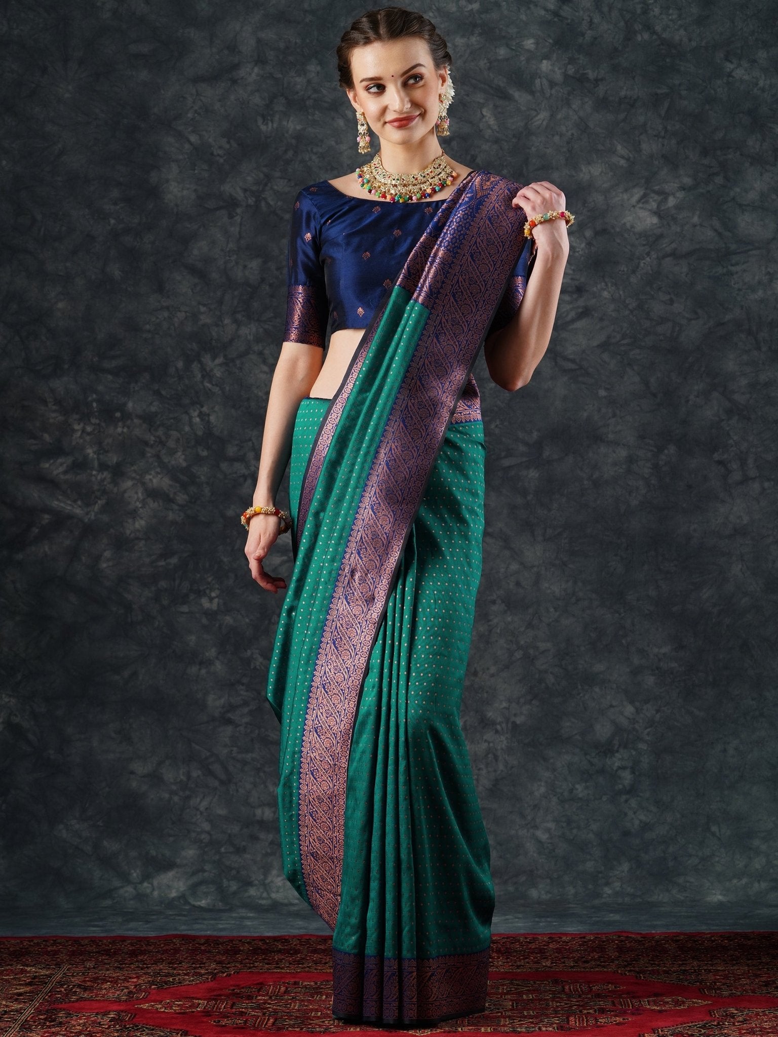 Teal Banarasi Silk Saree with Purple Zari Border & Blouse - Ressa