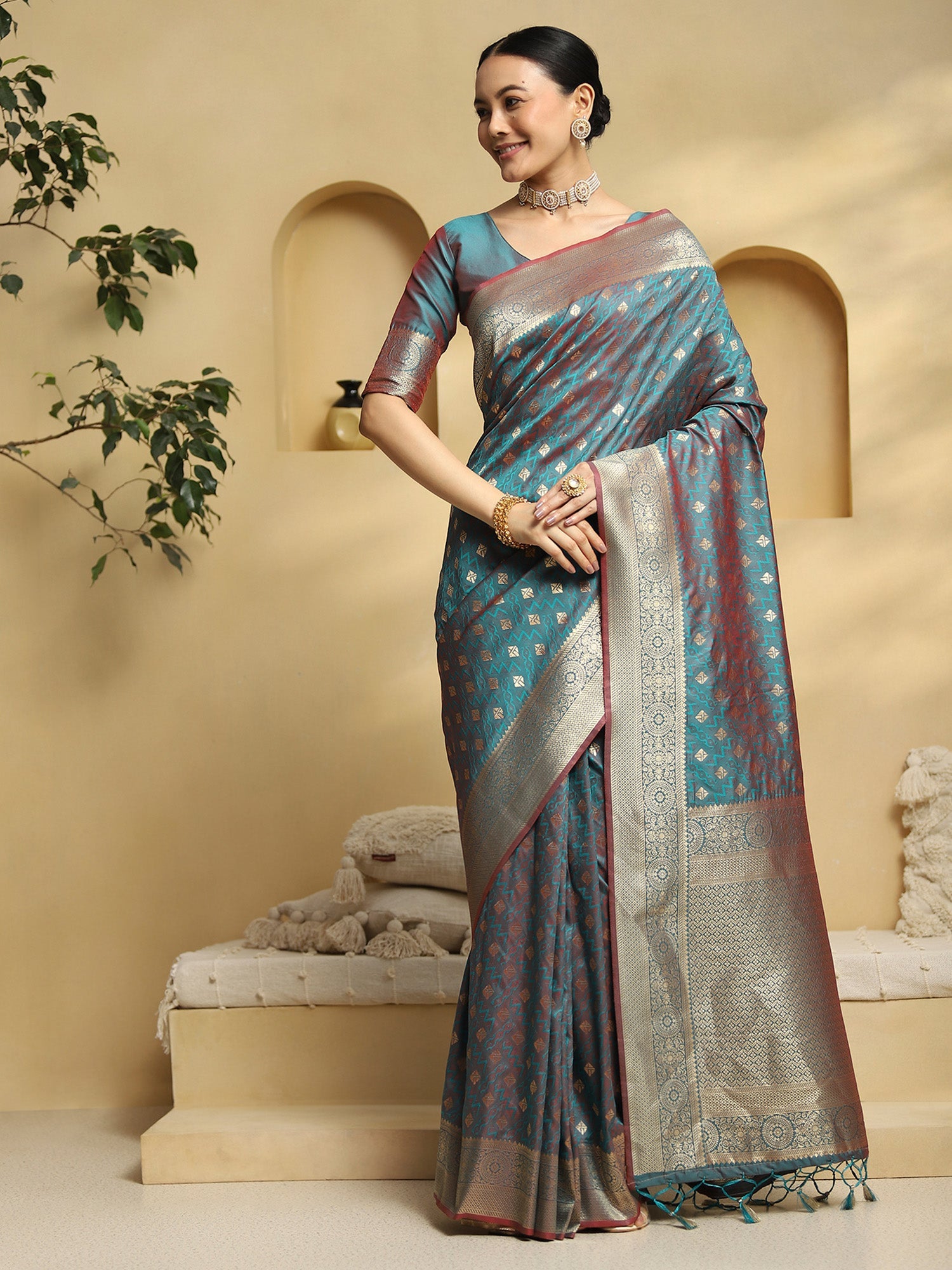 Teal Banarasi Silk Saree with Zari Border & Blouse - Ressa