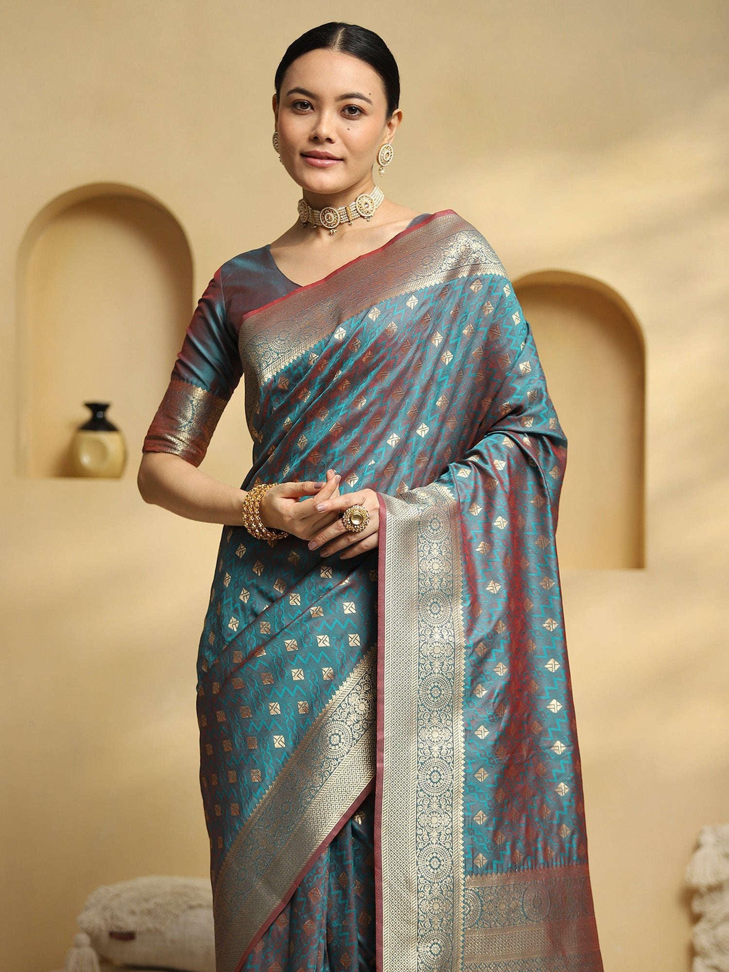 Teal Banarasi Silk Saree with Zari Border & Blouse - Ressa