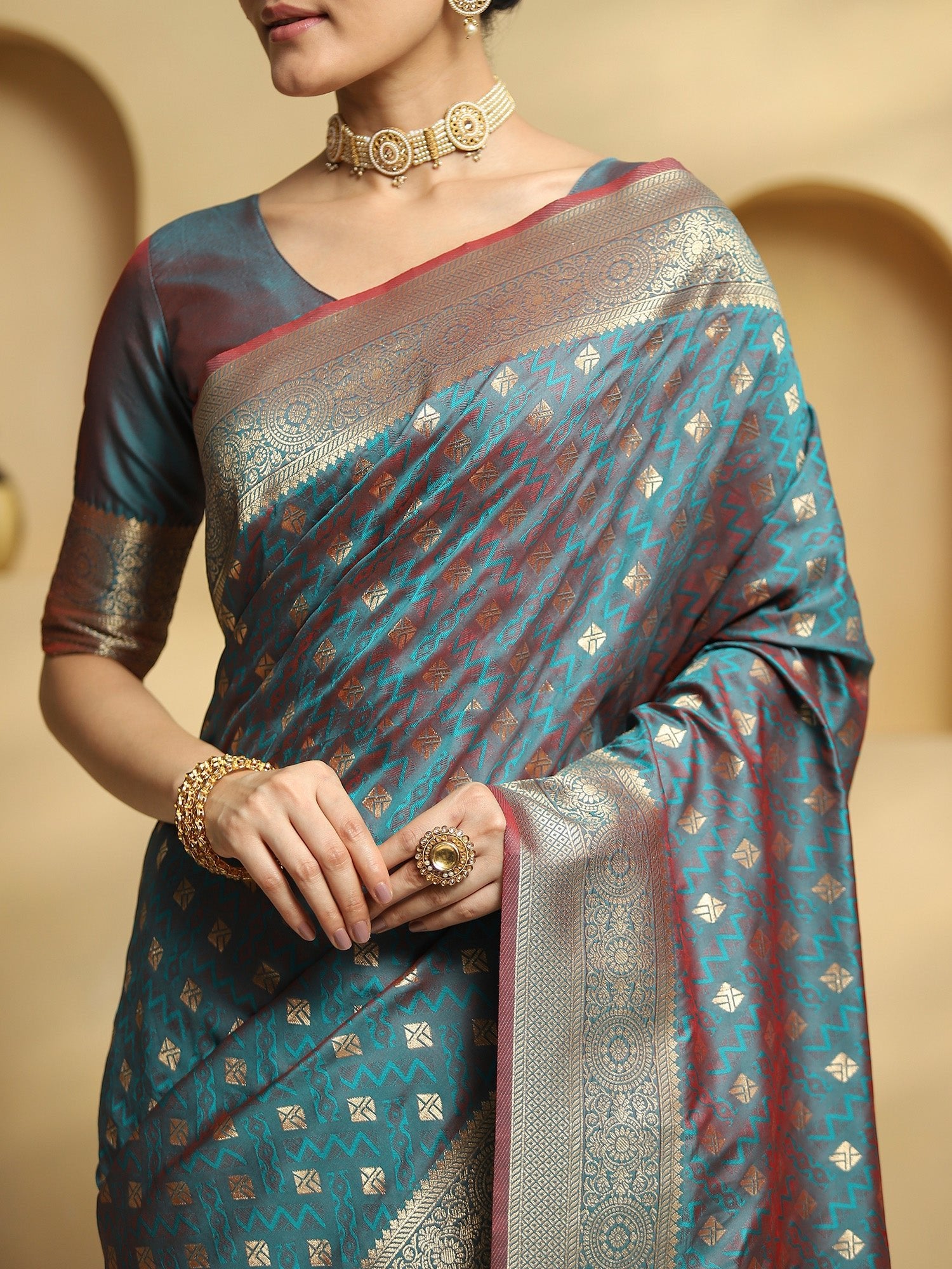 Teal Banarasi Silk Saree with Zari Border & Blouse - Ressa