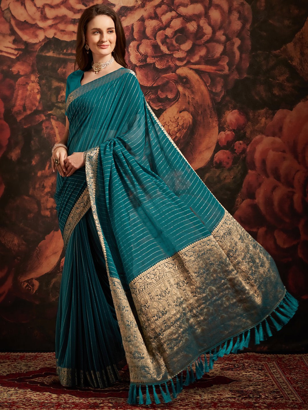 Teal Banarasi Silk Saree with Zari Border & Tassels - Ressa