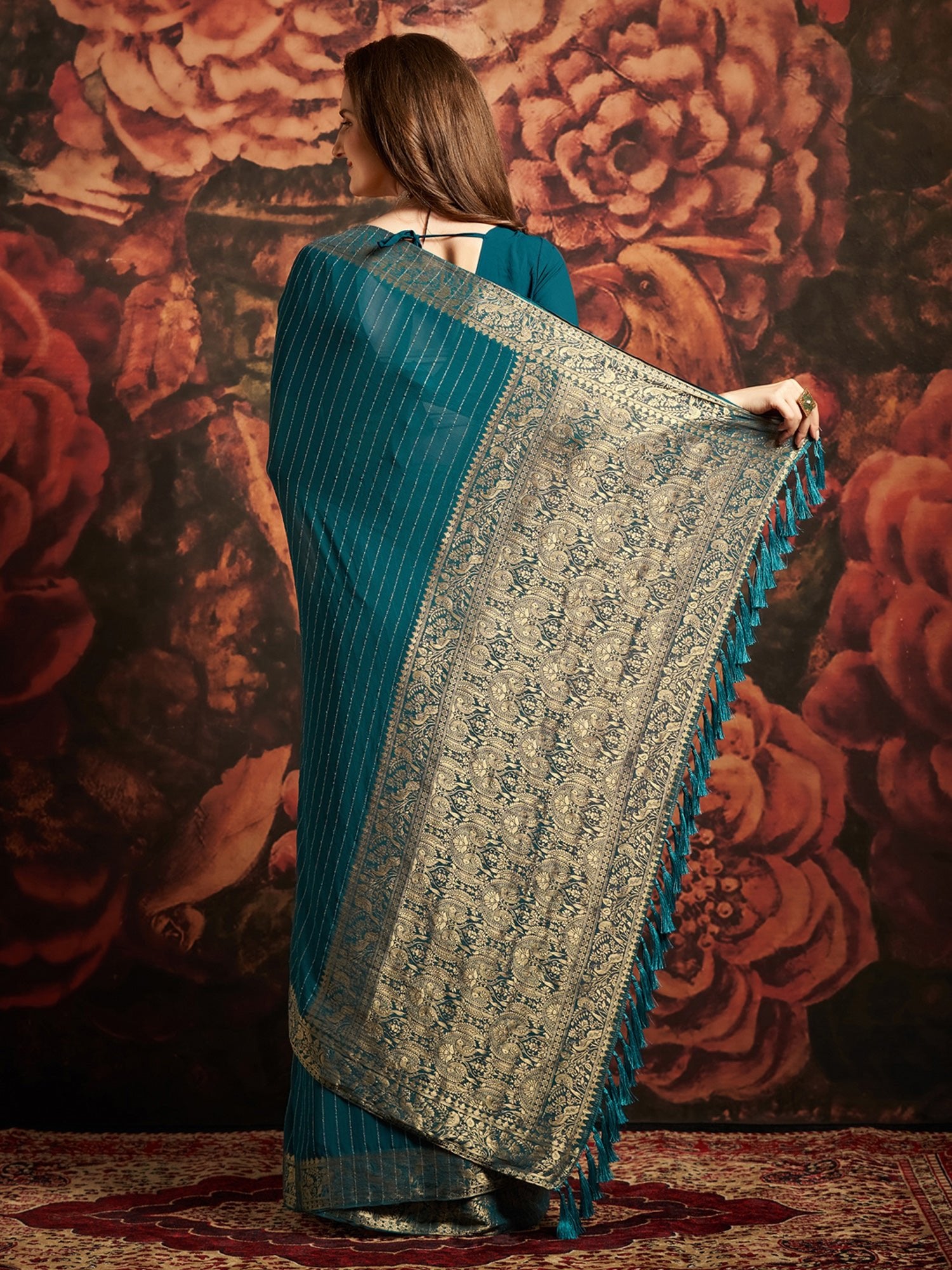Teal Banarasi Silk Saree with Zari Border & Tassels - Ressa