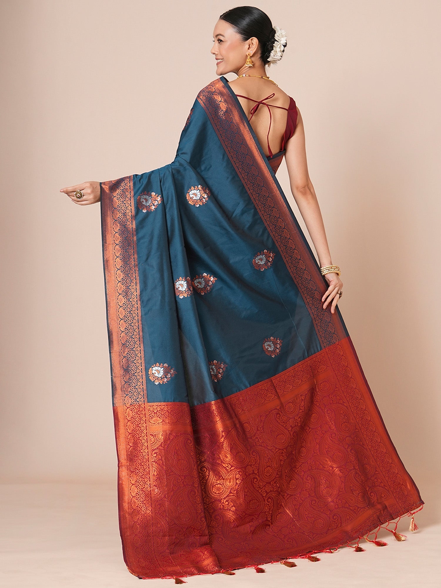 Teal Banarasi Silk with Red Meenakari Buti Saree - Ressa