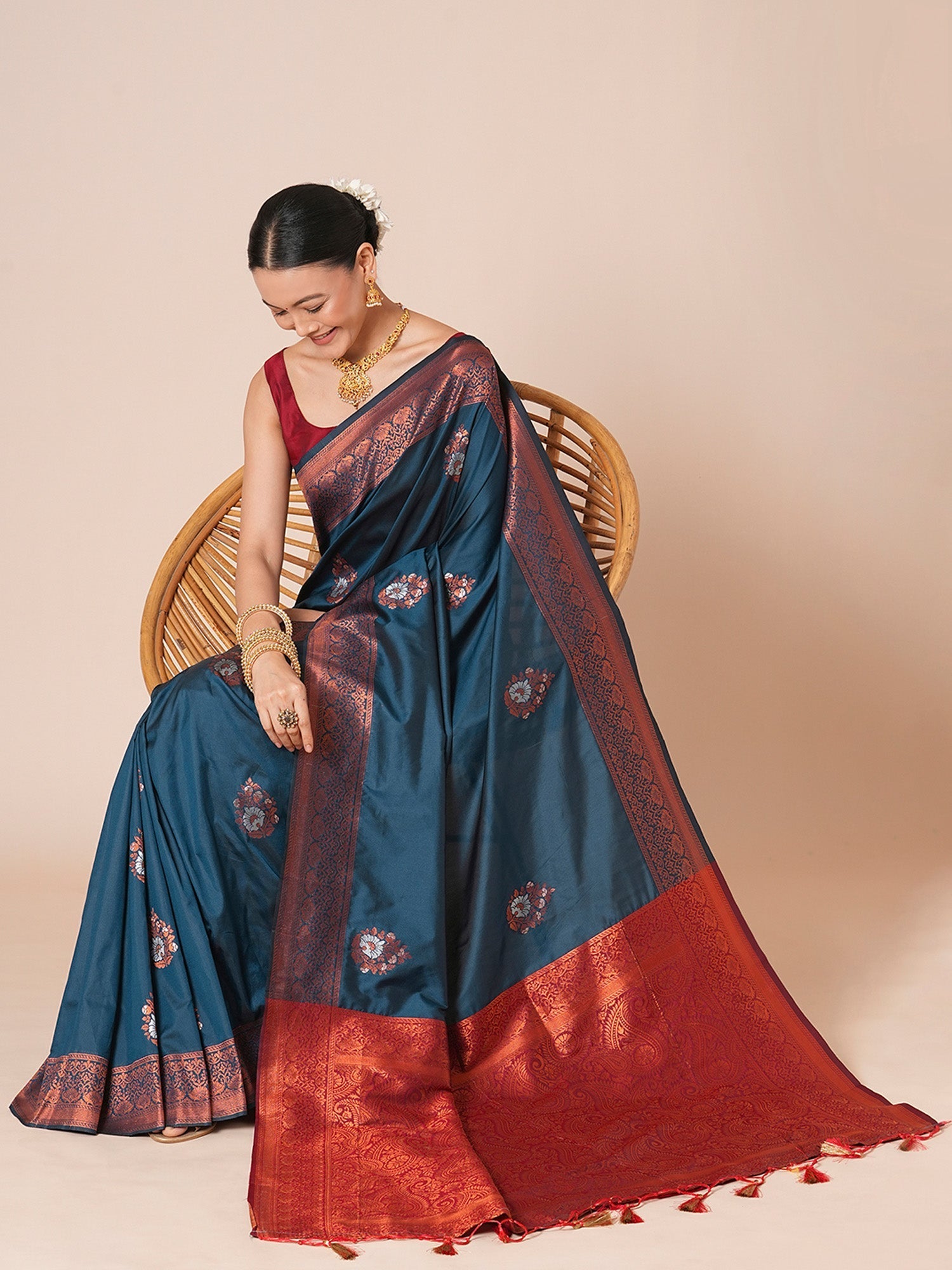 Teal Banarasi Silk with Red Meenakari Buti Saree - Ressa