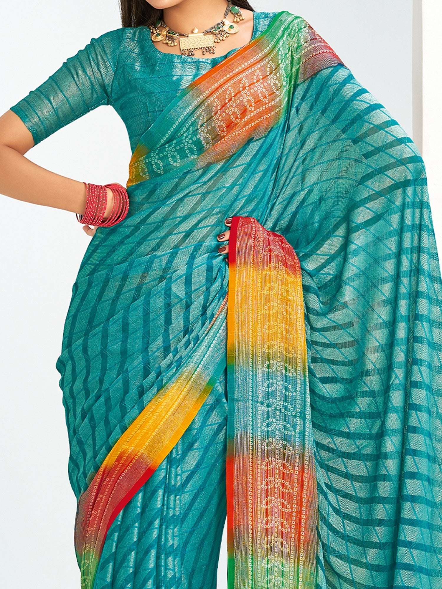 Teal Bandhani Georgette Saree with Rainbow Border - Ressa
