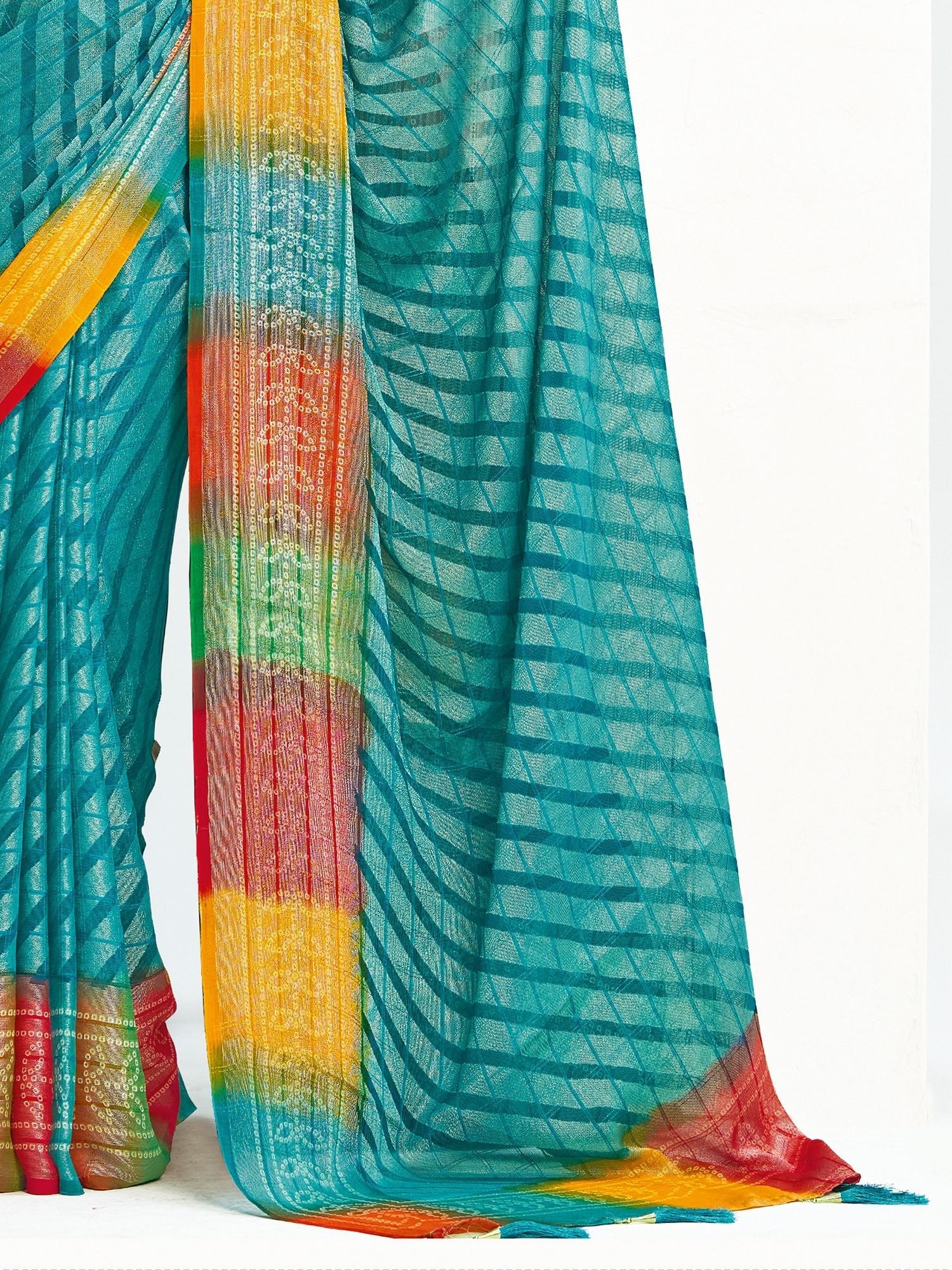 Teal Bandhani Georgette Saree with Rainbow Border - Ressa