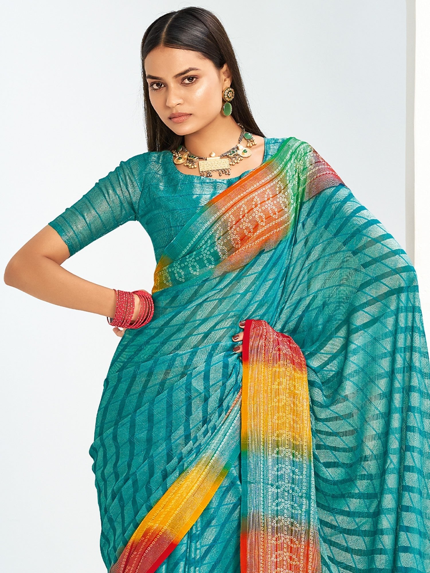 Teal Bandhani Georgette Saree with Rainbow Border - Ressa