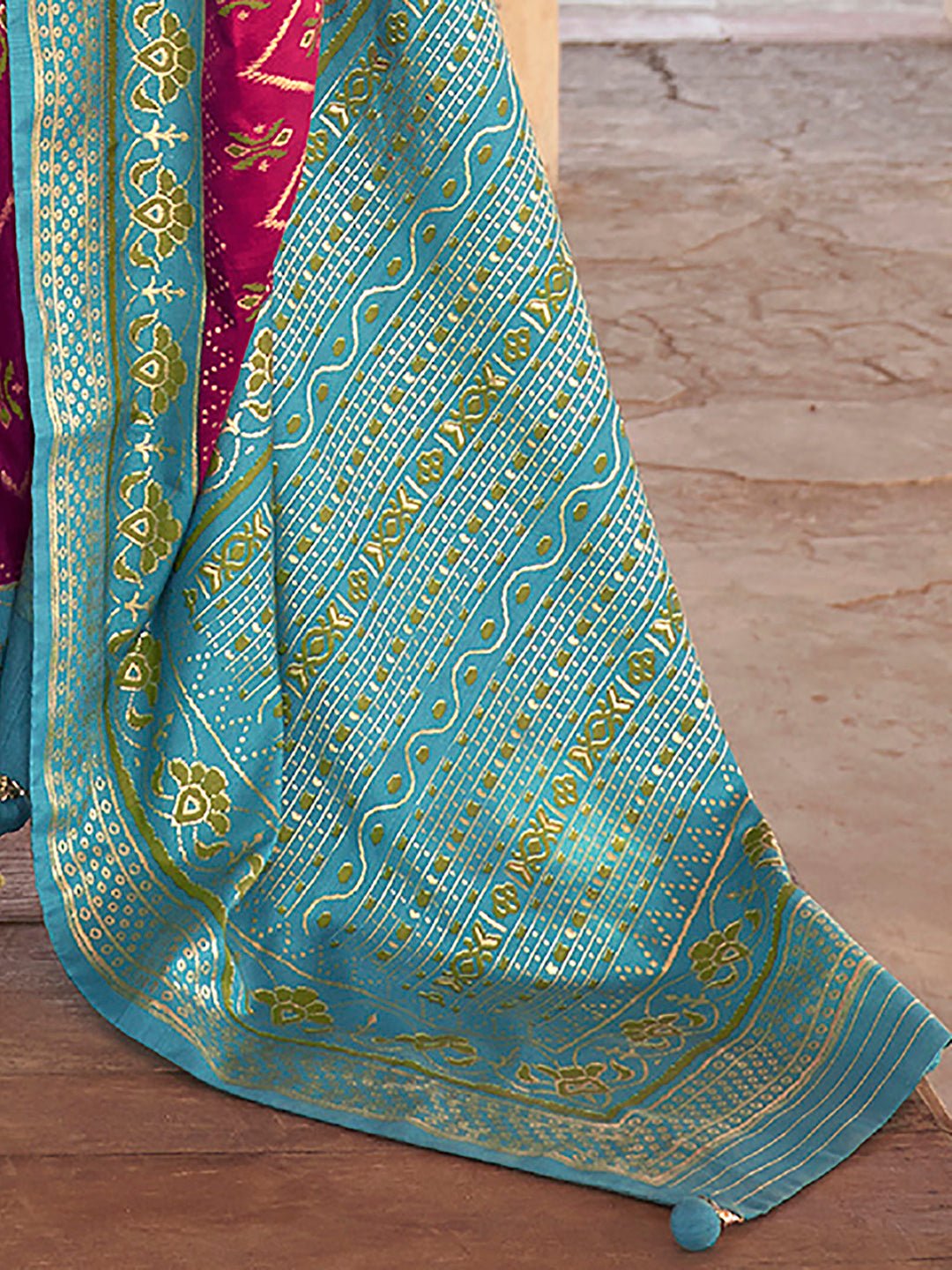 Teal Bandhani Patola Silk Saree with Rani Pink - Ressa