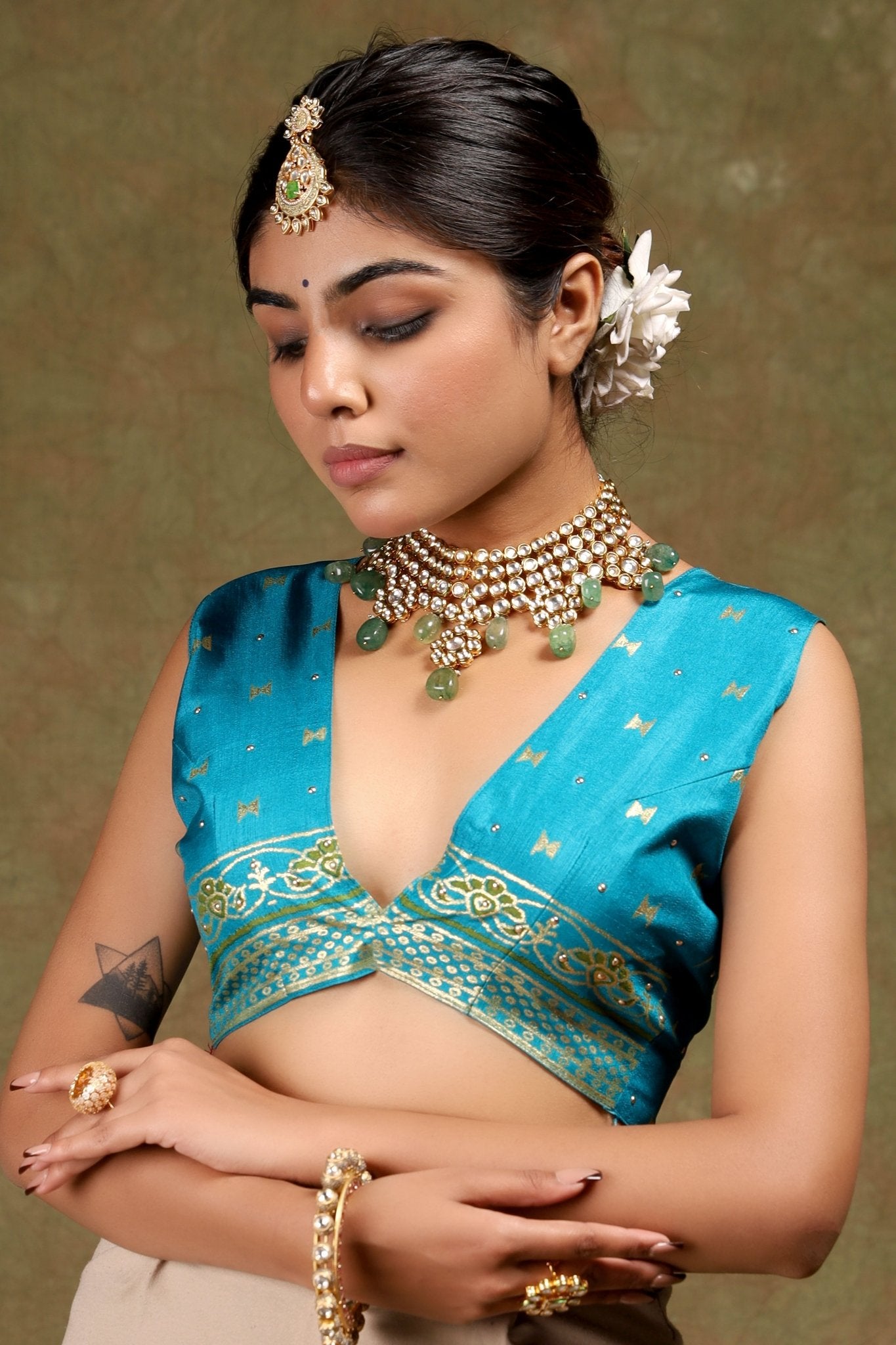 Teal Bandhani Patola Silk Saree with Rani Pink - Ressa