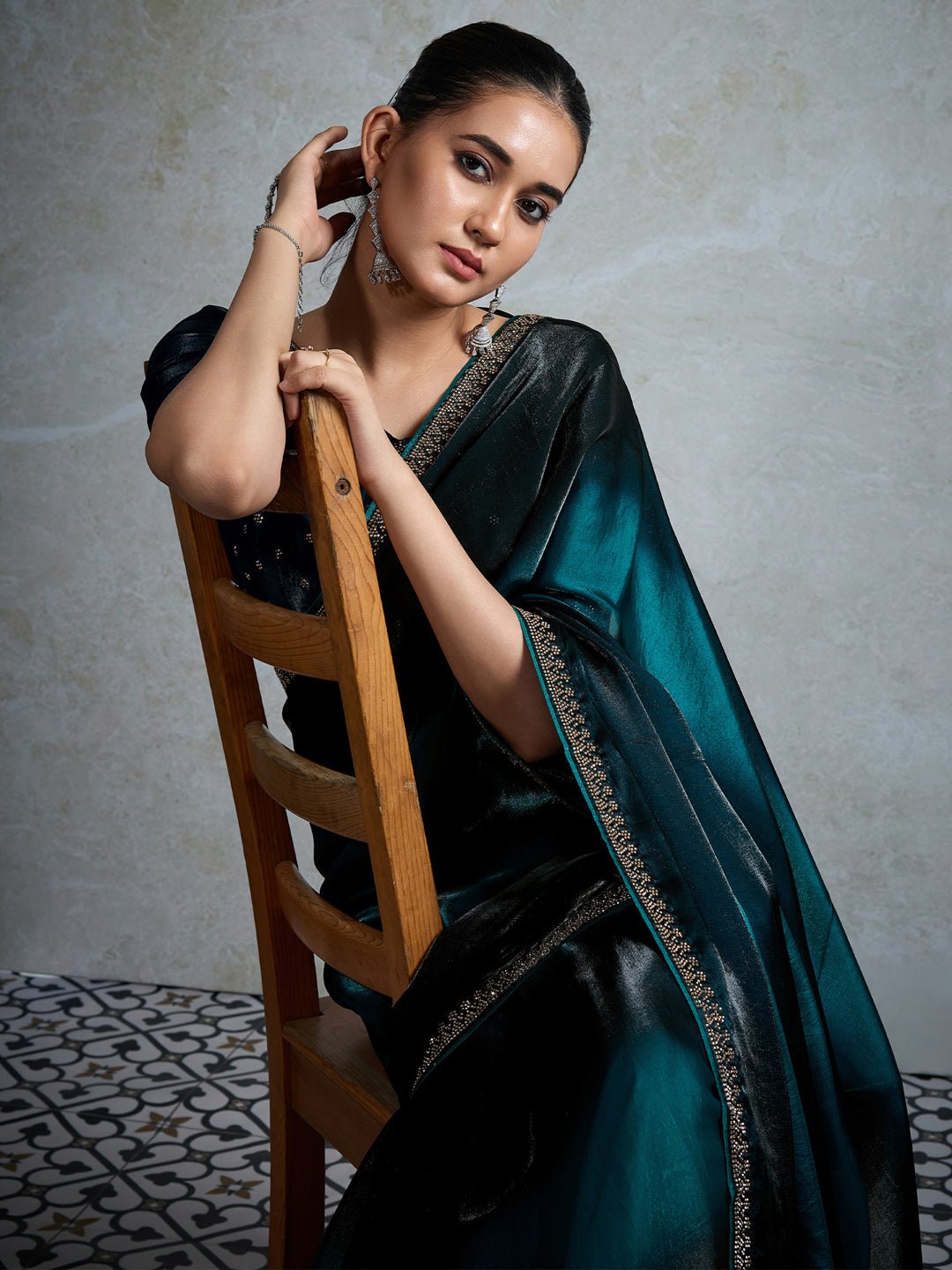 Teal & Black Polyester Ombre Dyed Embroidered Border Saree - Ressa