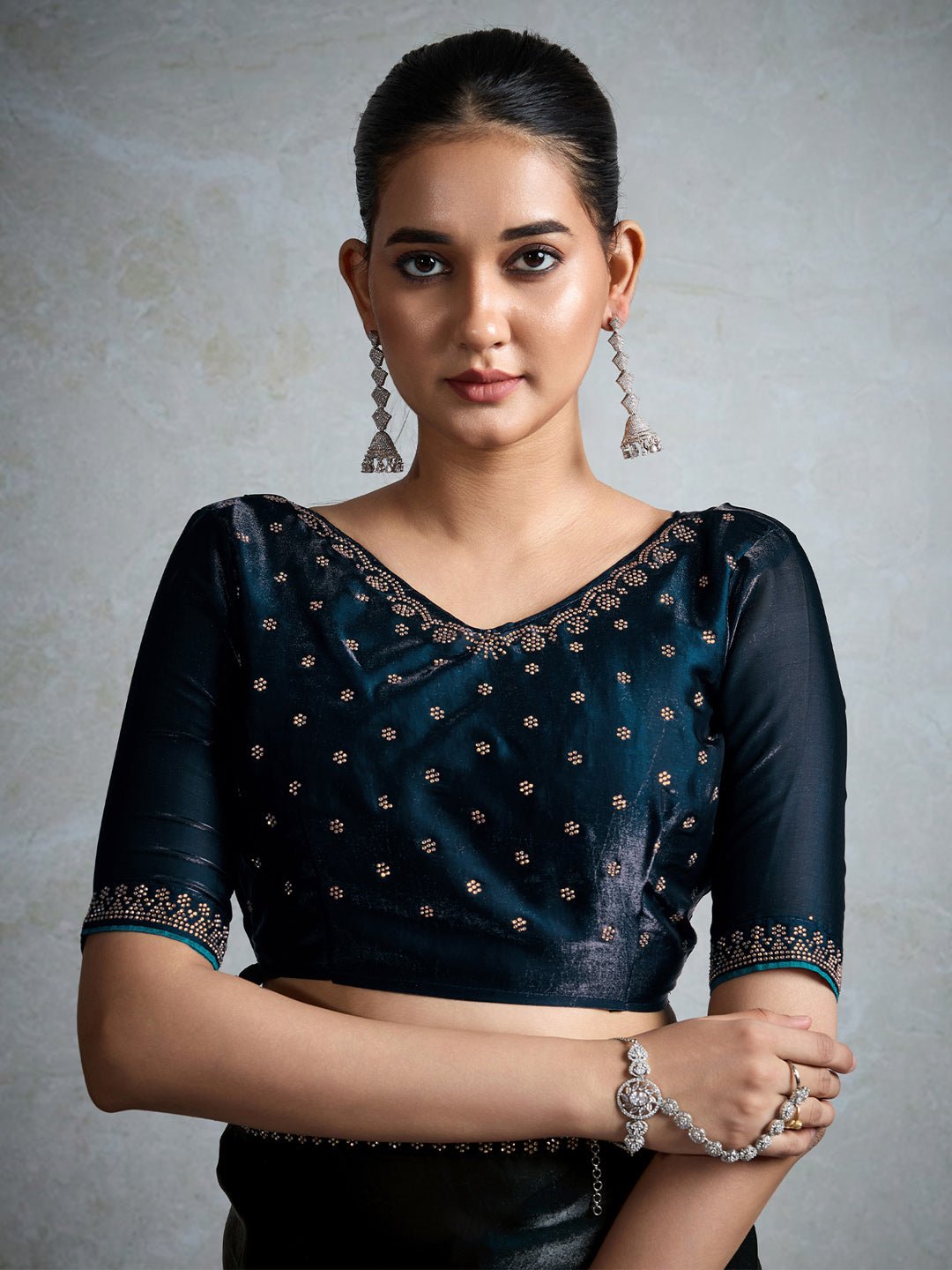 Teal & Black Polyester Ombre Dyed Embroidered Border Saree - Ressa