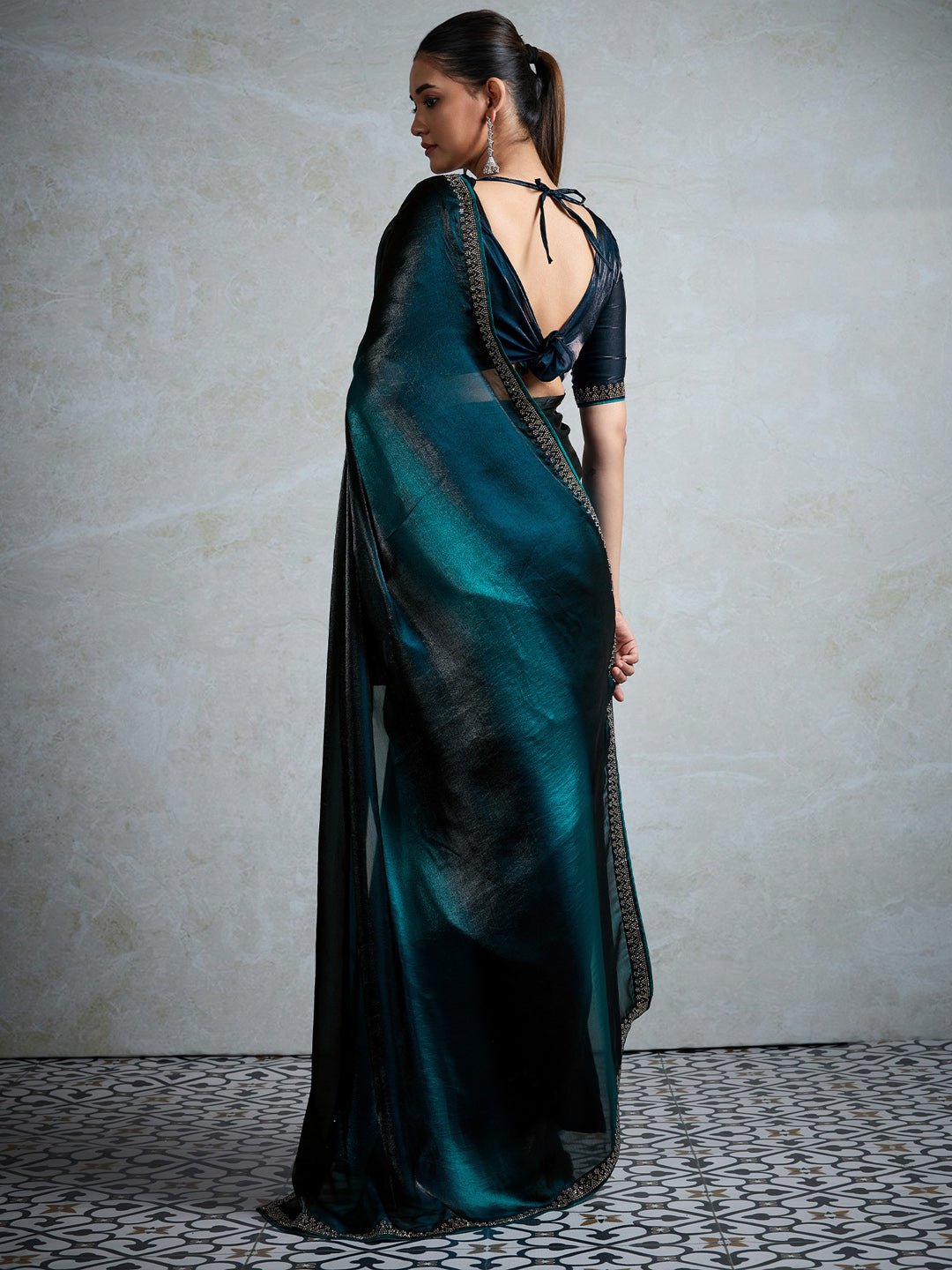 Teal & Black Polyester Ombre Dyed Embroidered Border Saree - Ressa