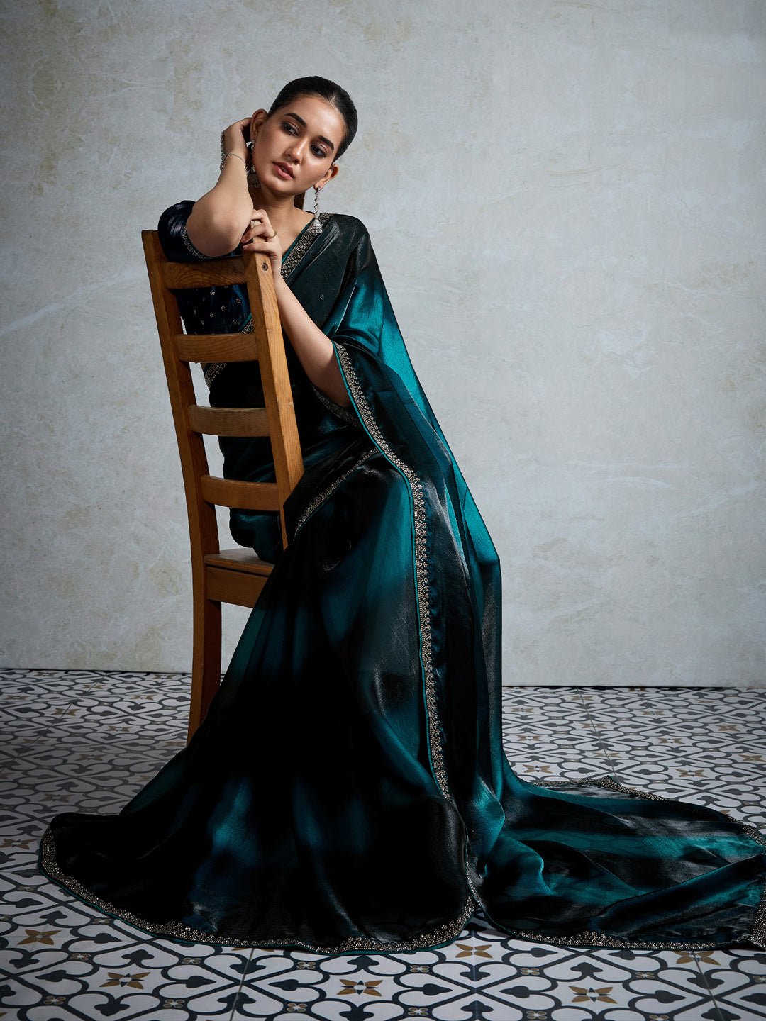 Teal & Black Polyester Ombre Dyed Embroidered Border Saree - Ressa