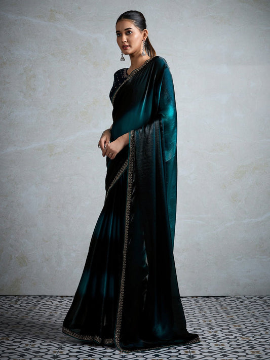 Teal & Black Polyester Ombre Dyed Embroidered Border Saree - Ressa