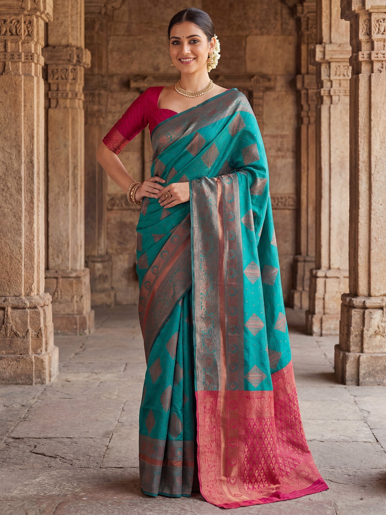 Teal Blue Banarasi Silk Heritage Zari Weave - Ressa