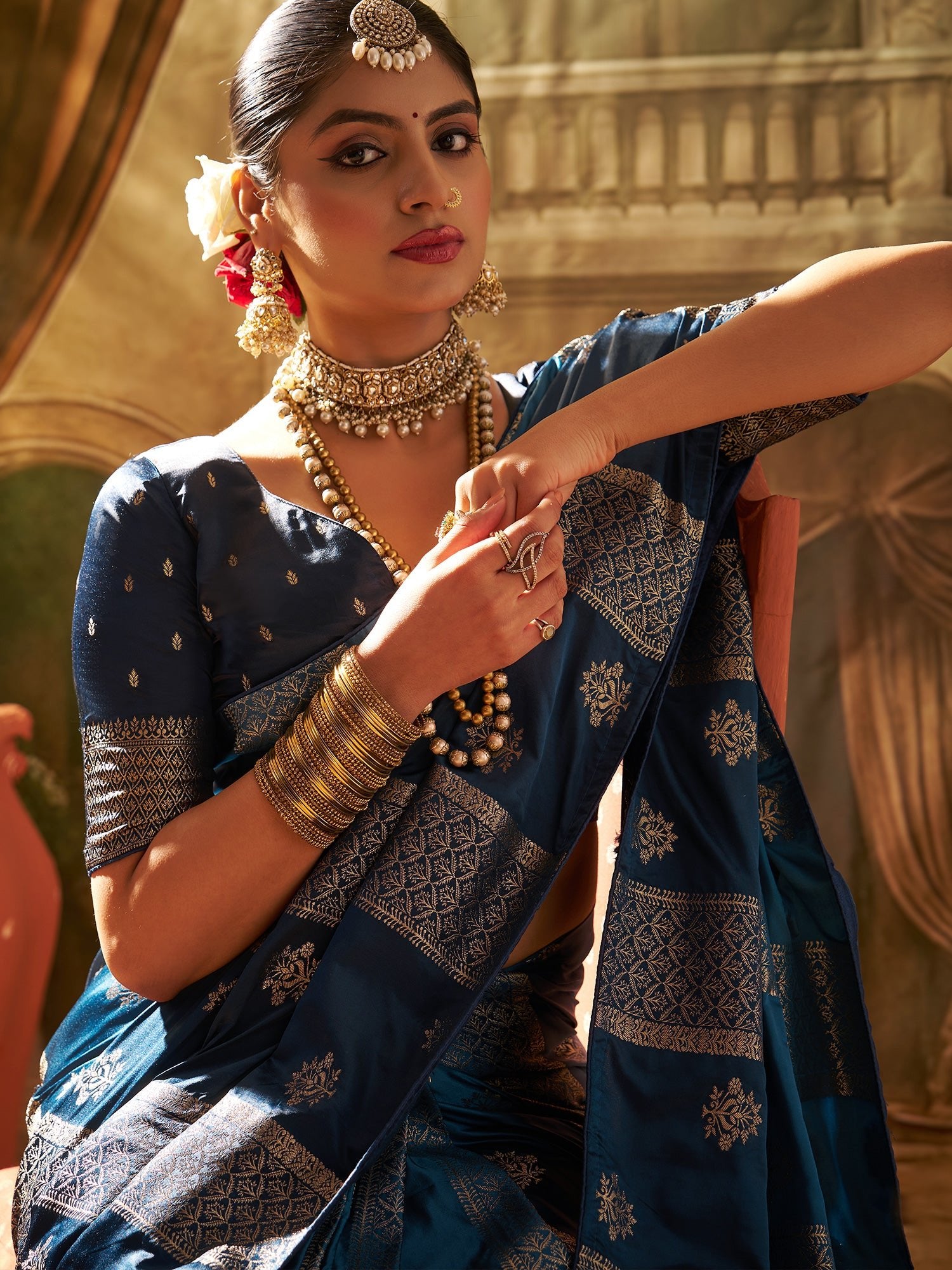 Teal Blue Banarasi Silk Heritage Zari Weave Saree - Ressa