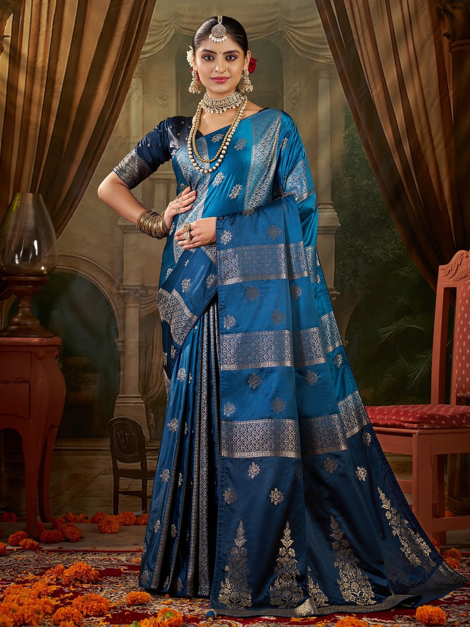 Teal Blue Banarasi Silk Heritage Zari Weave Saree - Ressa