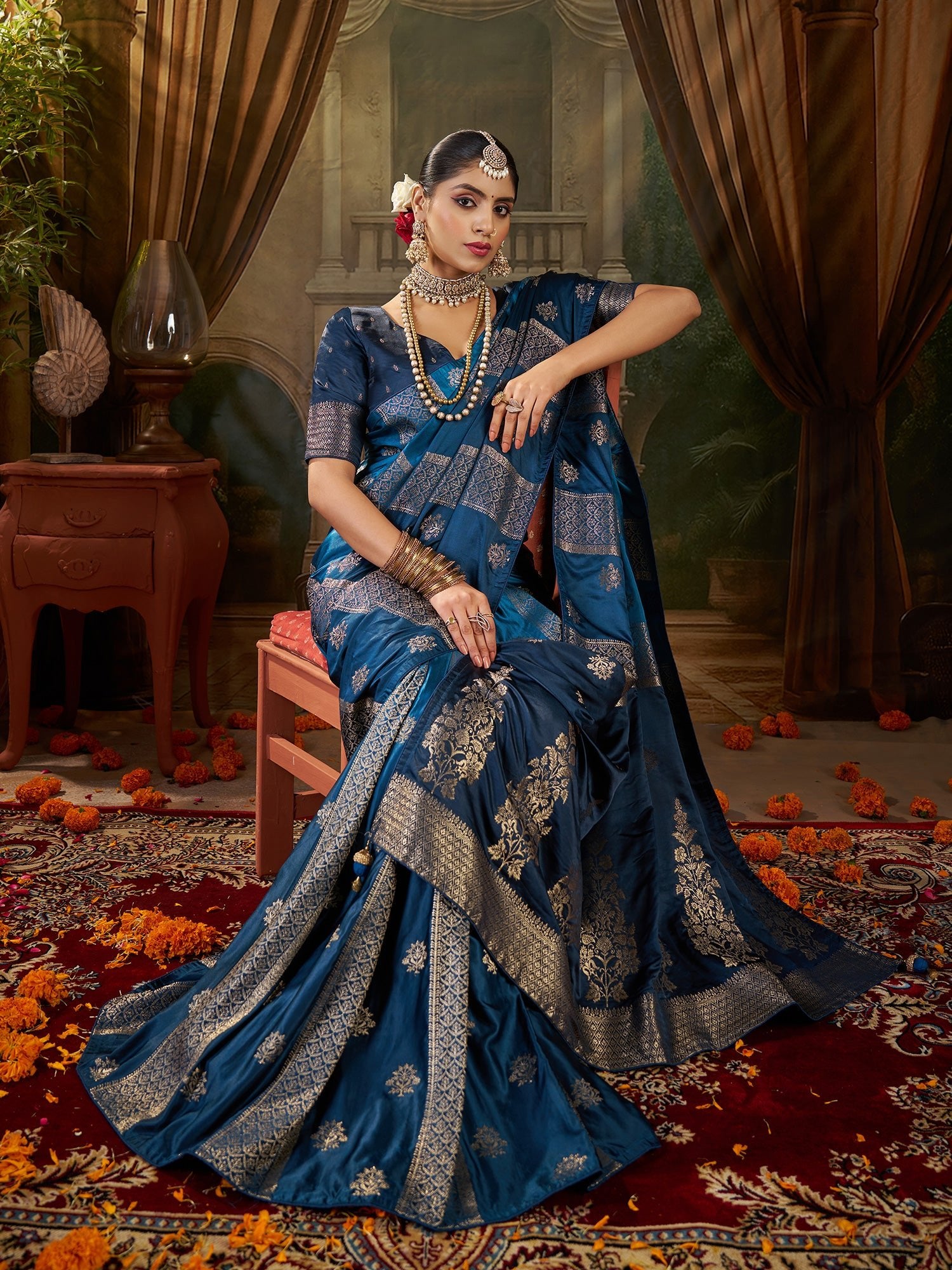 Teal Blue Banarasi Silk Heritage Zari Weave Saree - Ressa