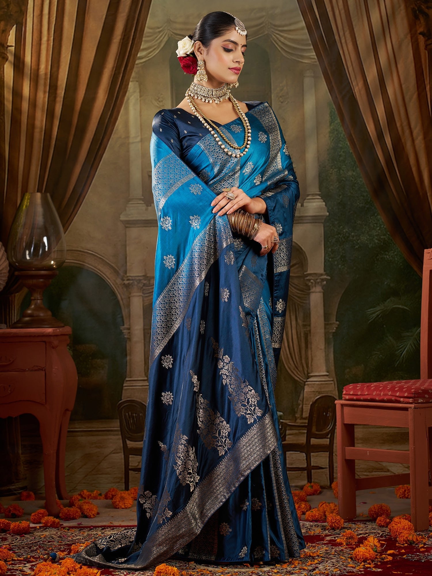 Teal Blue Banarasi Silk Heritage Zari Weave Saree - Ressa