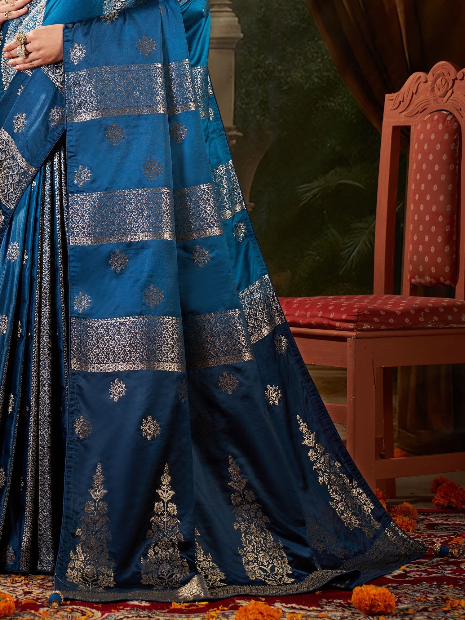 Teal Blue Banarasi Silk Heritage Zari Weave Saree - Ressa