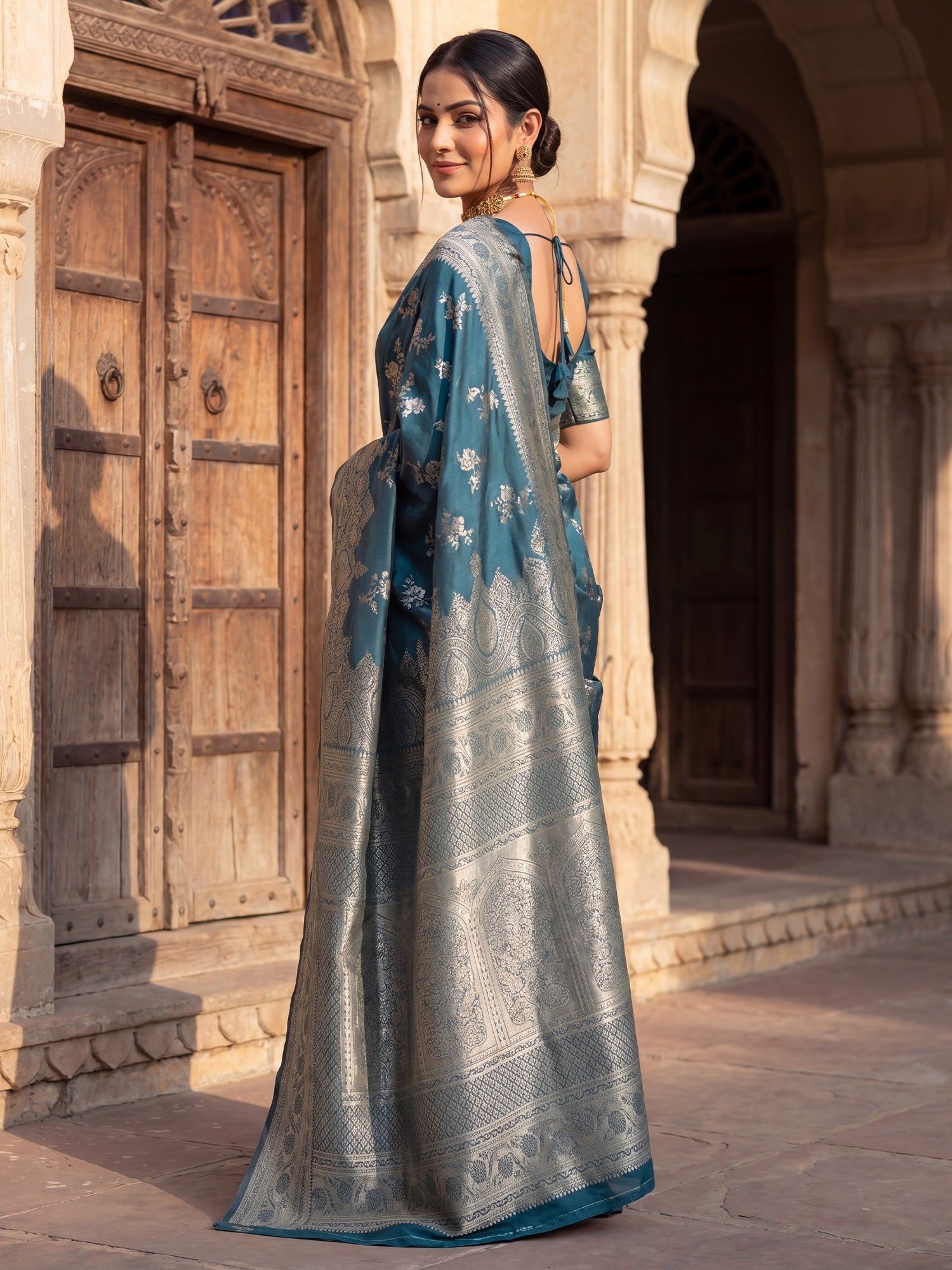 Teal Blue Banarasi Silk Saree - Ressa