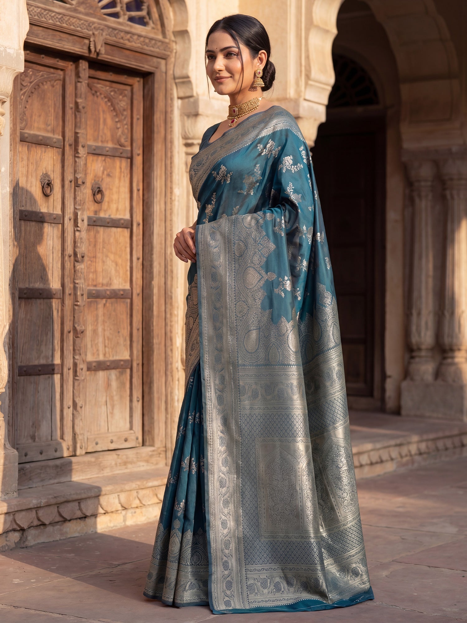 Teal Blue Banarasi Silk Saree - Ressa