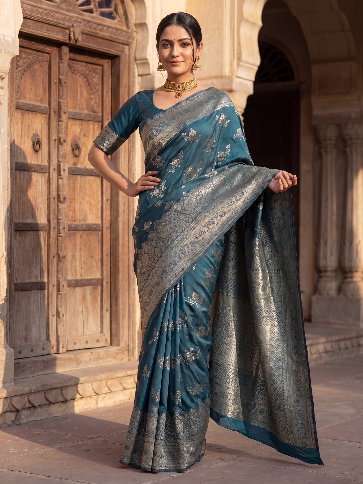 Teal Blue Banarasi Silk Saree - Ressa