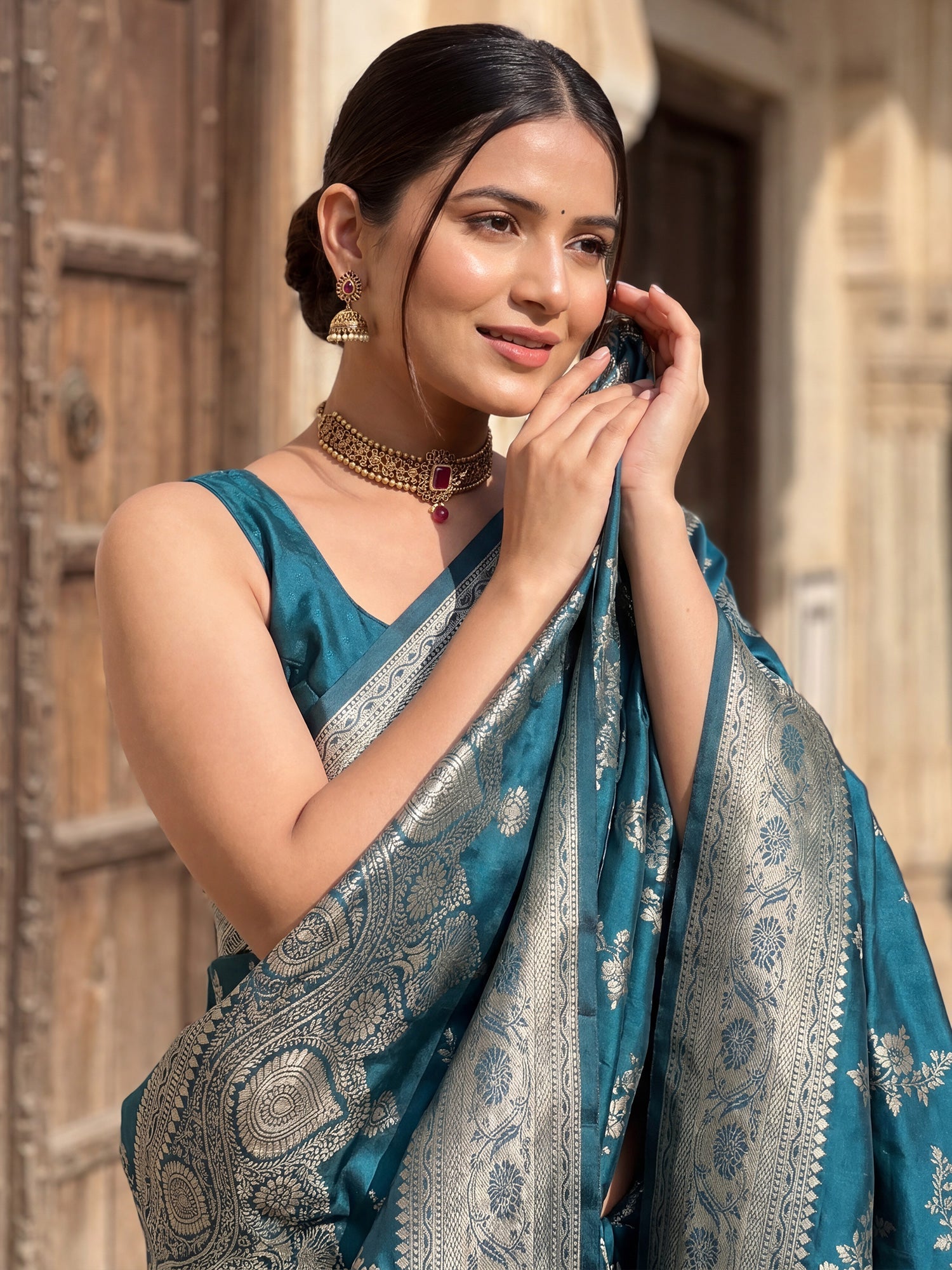 Teal Blue Banarasi Silk Saree - Ressa