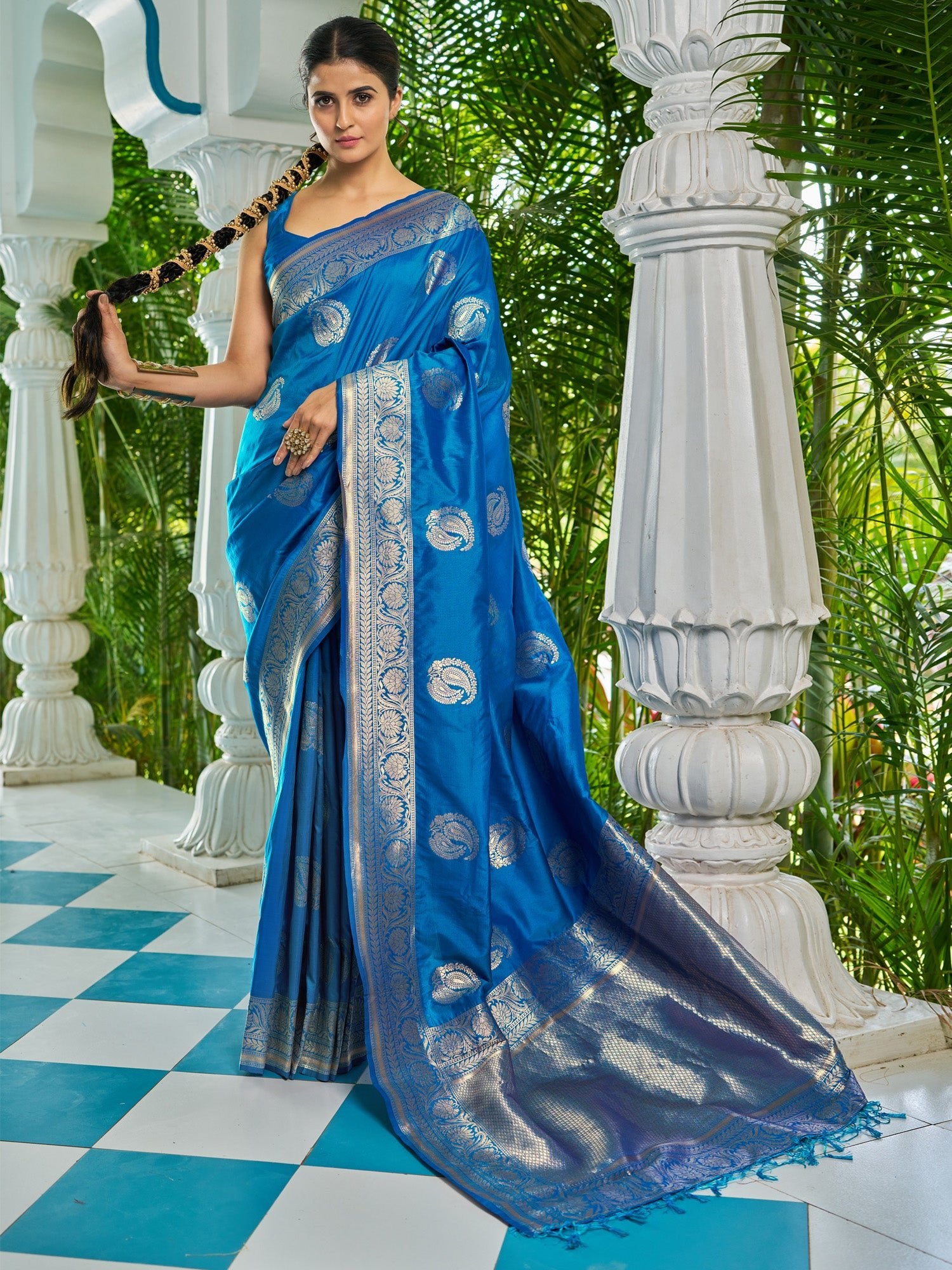 Teal Blue Banarasi Silk Saree with Large Paisley Booties - Ressa