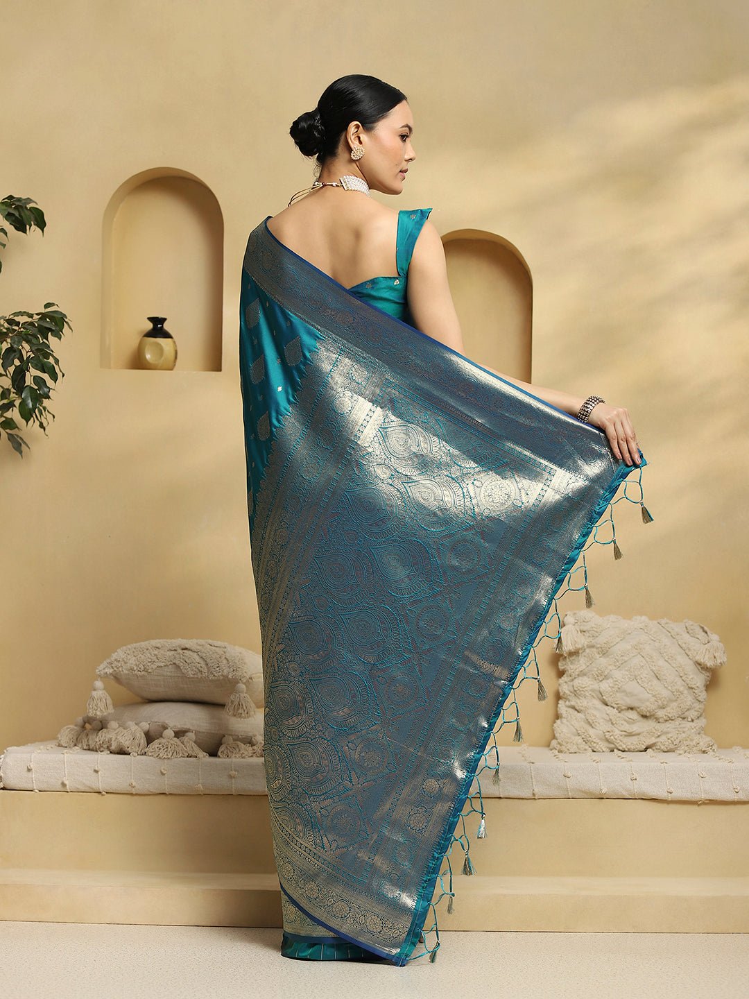 Teal Blue Banarasi Silk Saree with Silver Zari Weave - Ressa