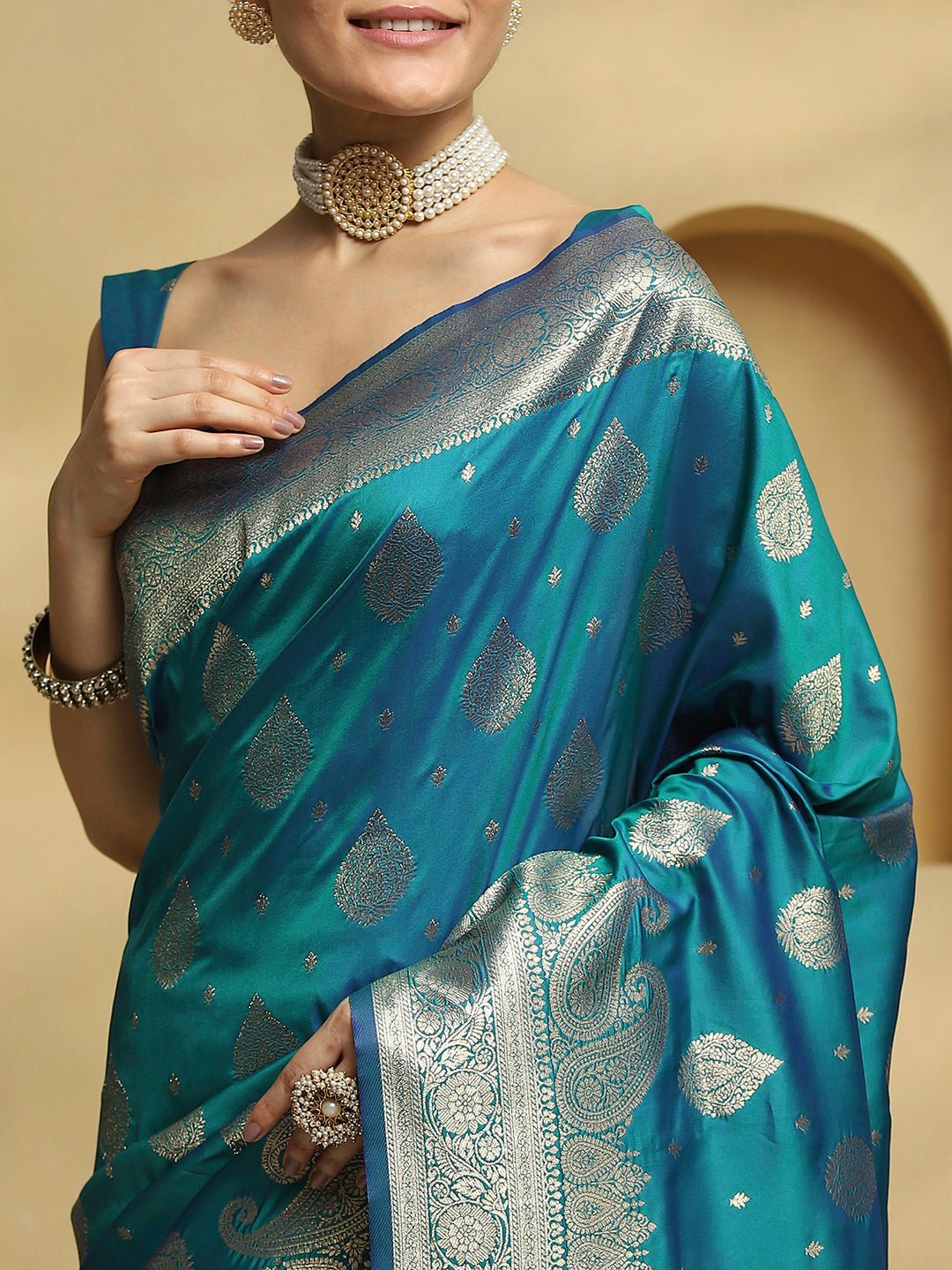 Teal Blue Banarasi Silk Saree with Silver Zari Weave - Ressa