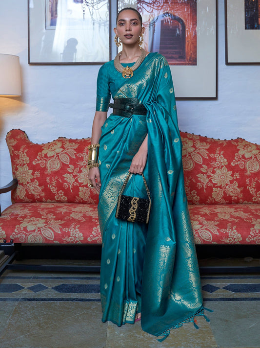 Teal Blue Banarasi Silk Zari Woven Saree - Ressa
