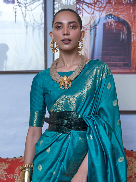Teal Blue Banarasi Silk Zari Woven Saree - Ressa