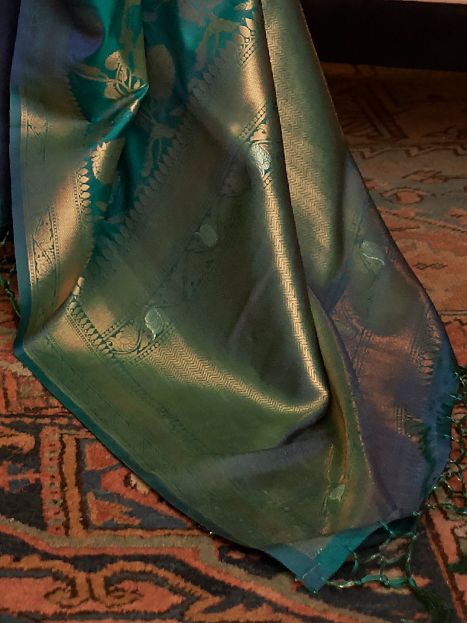 Teal Blue Banarasi Style Silk Blend Gold Zari Woven saree - Ressa