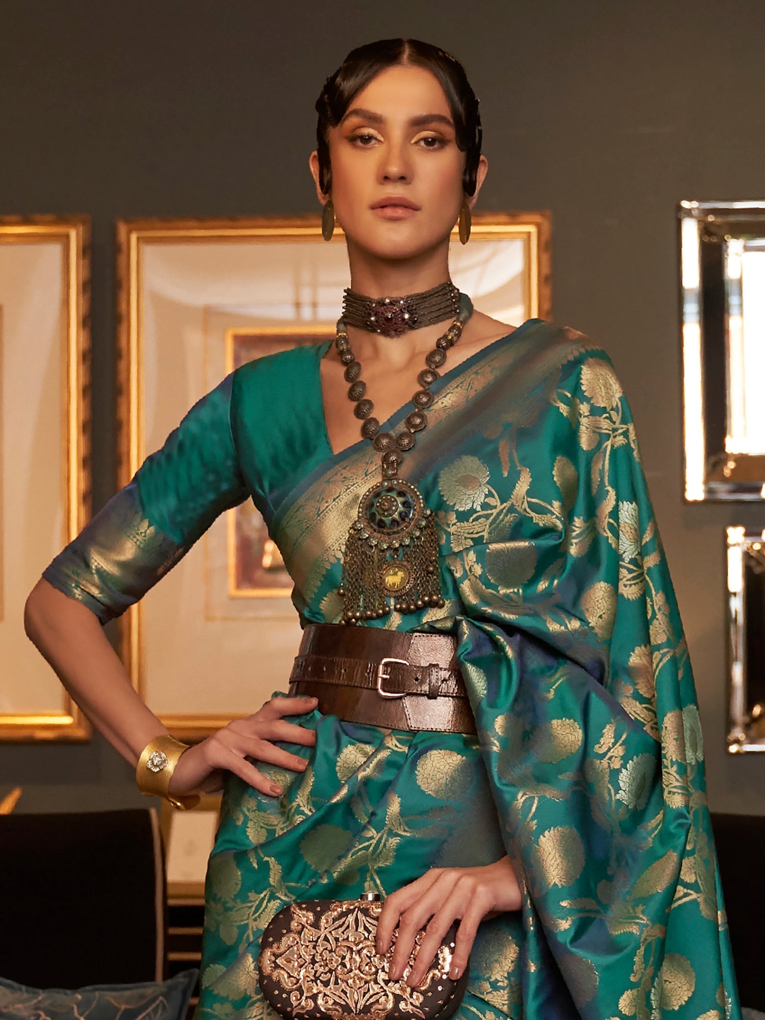 Teal Blue Banarasi Style Silk Blend Gold Zari Woven saree - Ressa