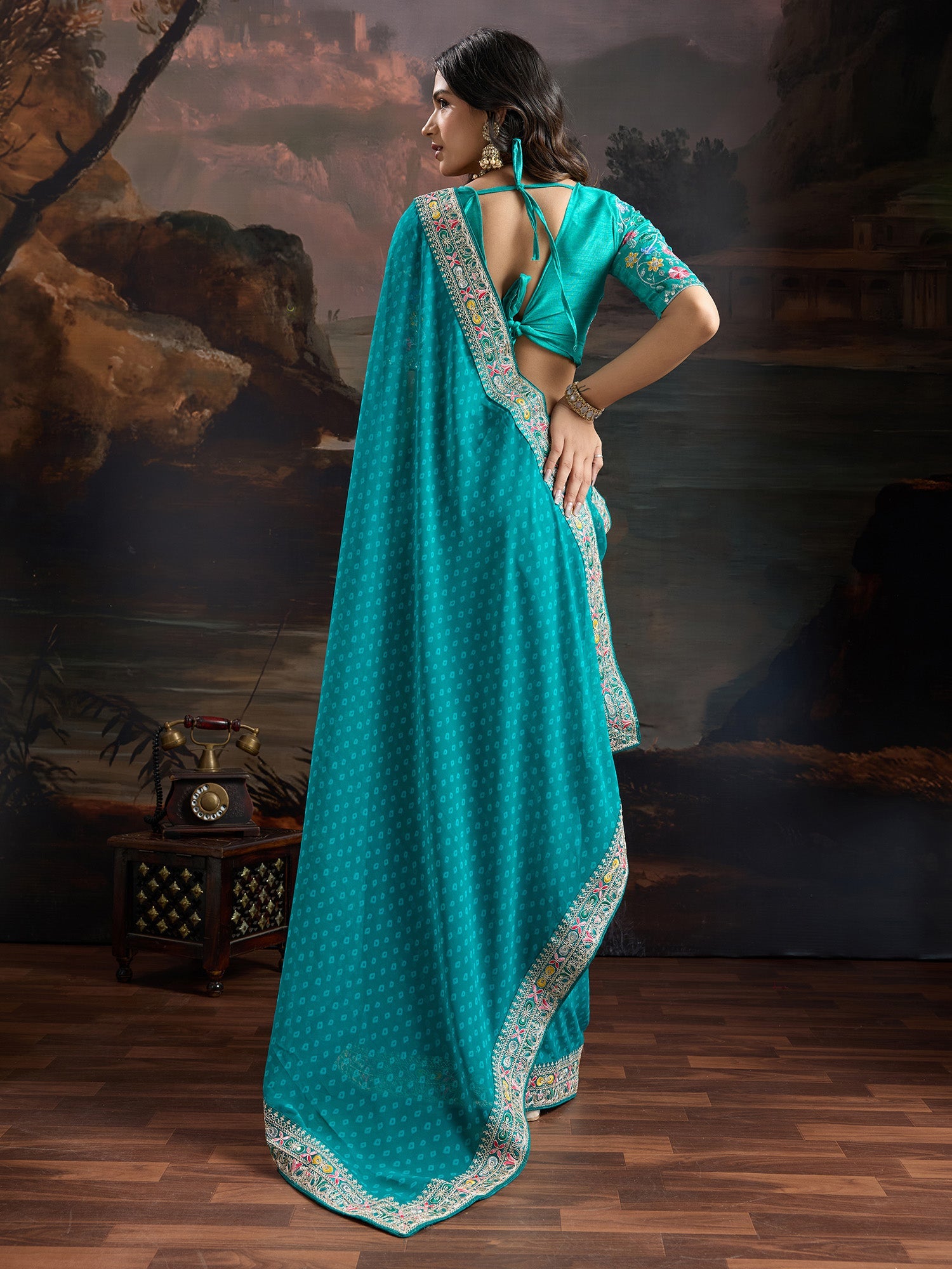 Teal Blue Bandhani Georgette Saree - Ressa