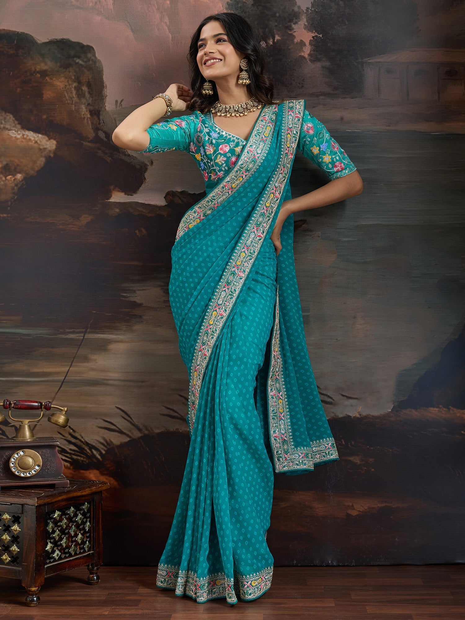 Teal Blue Bandhani Georgette Saree - Ressa