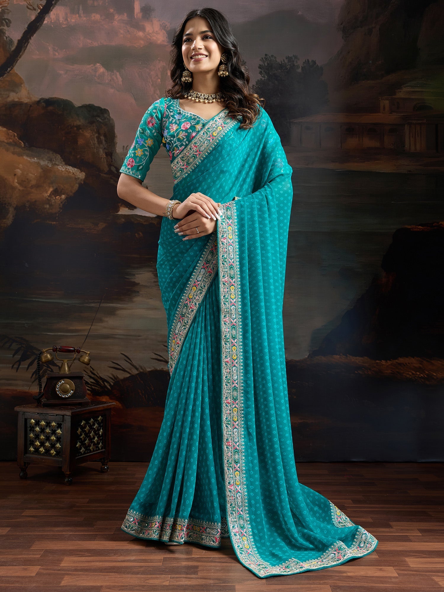 Teal Blue Bandhani Georgette Saree - Ressa