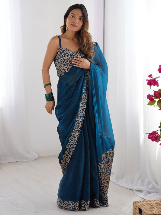 Teal Blue Chiffon Embroidered Border Saree - Ressa