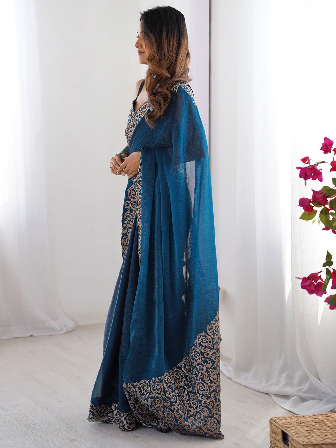 Teal Blue Chiffon Embroidered Border Saree - Ressa