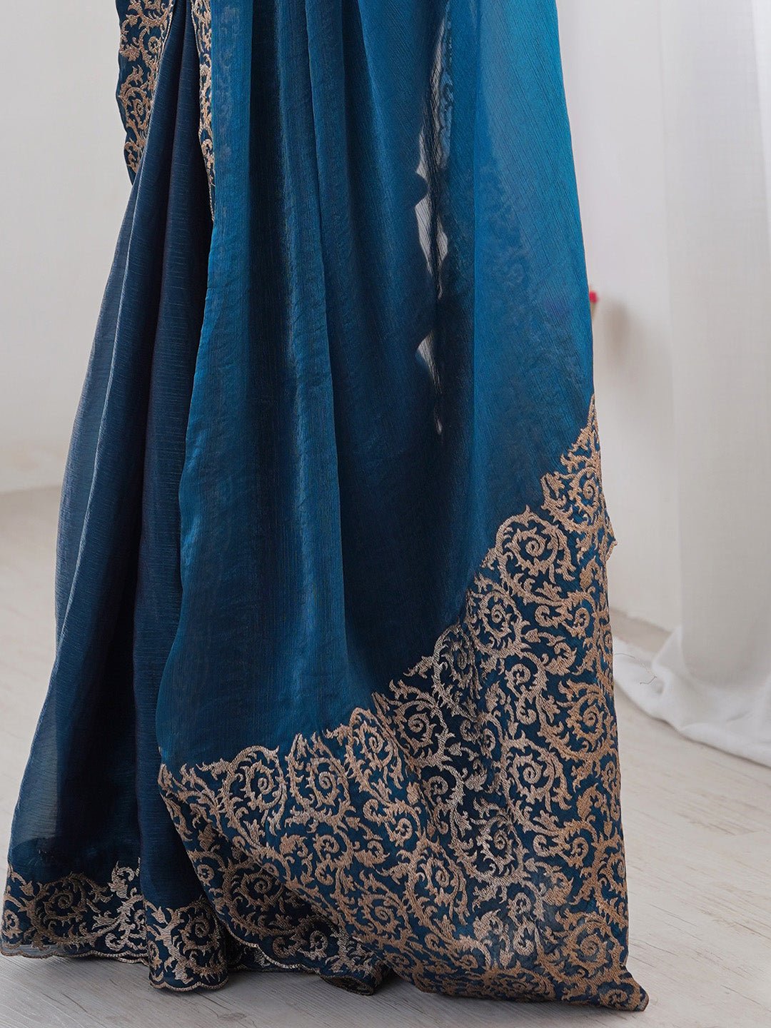 Teal Blue Chiffon Embroidered Border Saree - Ressa