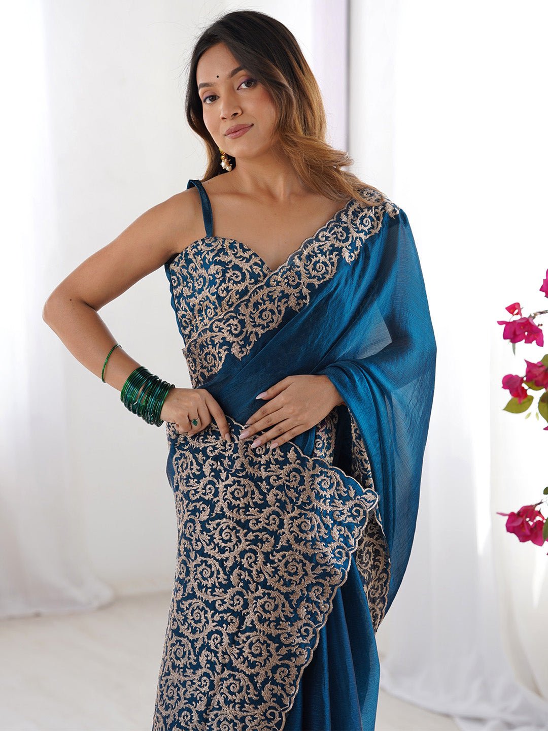Teal Blue Chiffon Embroidered Border Saree - Ressa