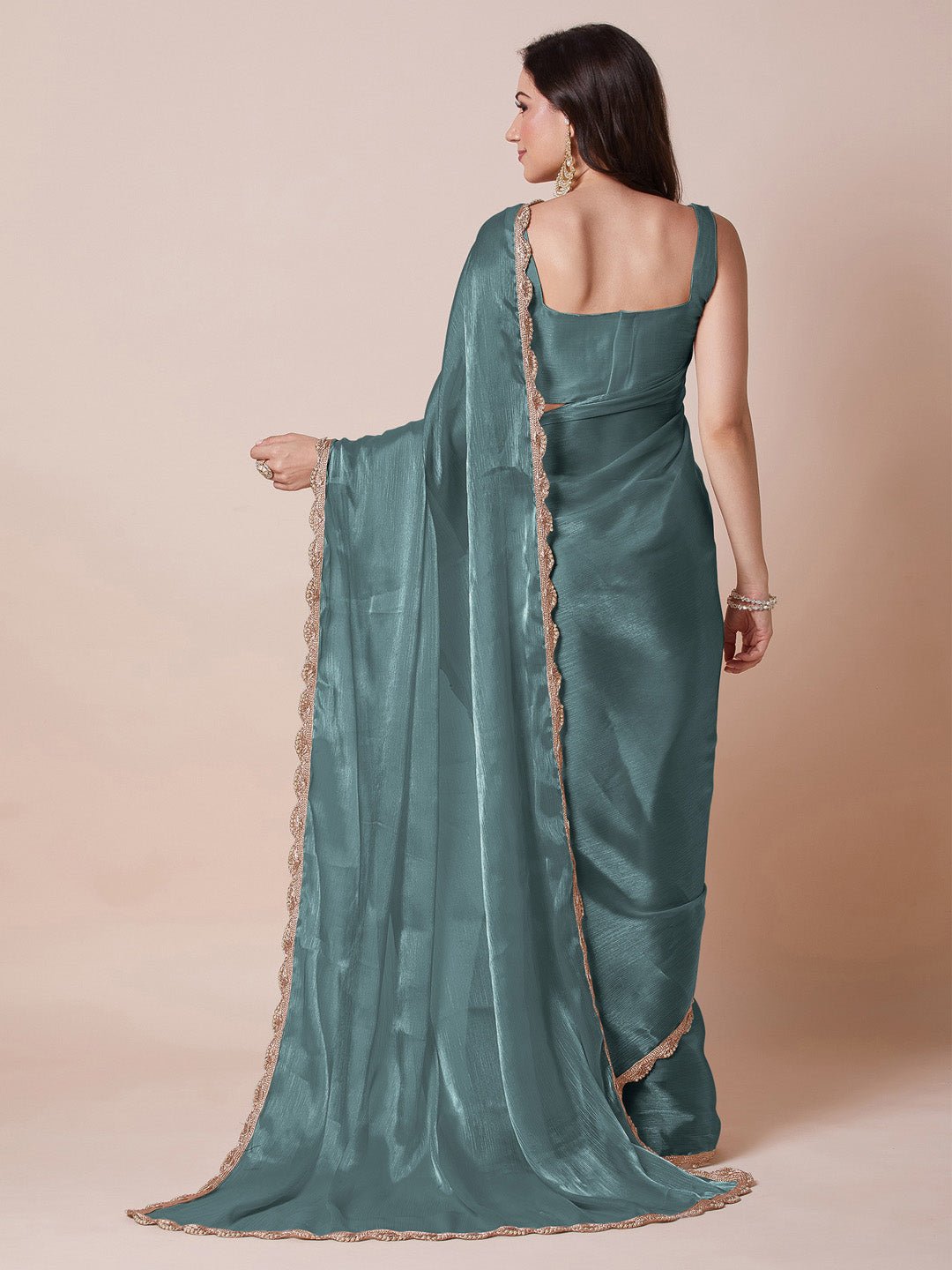 Teal Blue Chiffon Saree - Ressa