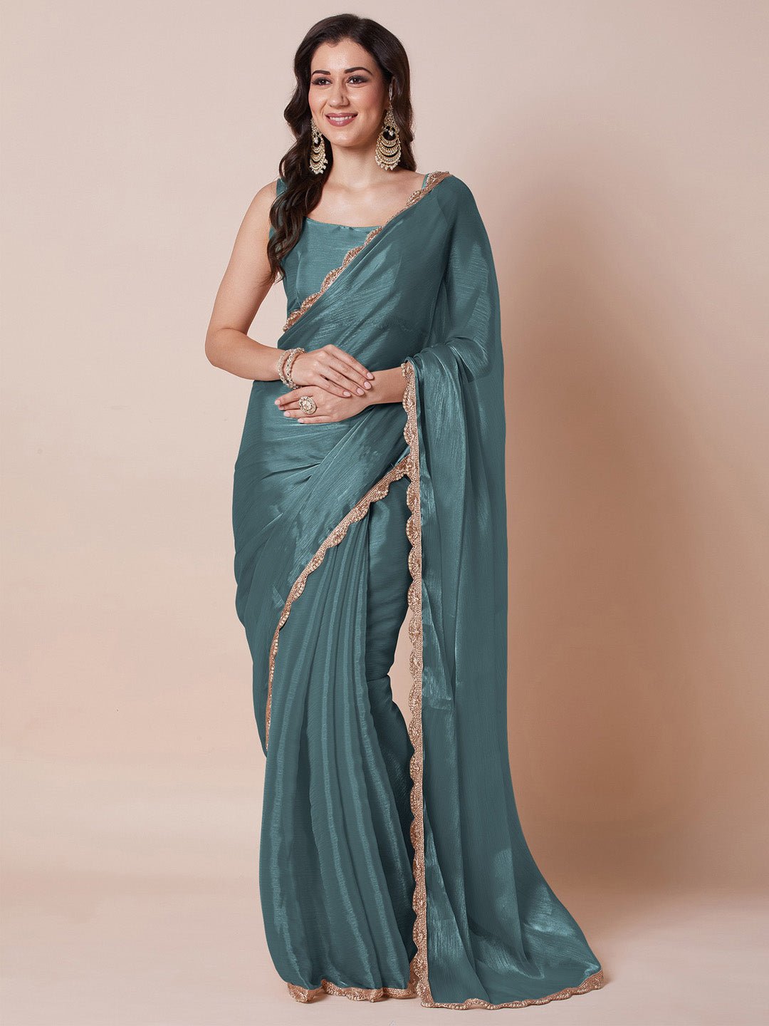 Teal Blue Chiffon Saree - Ressa